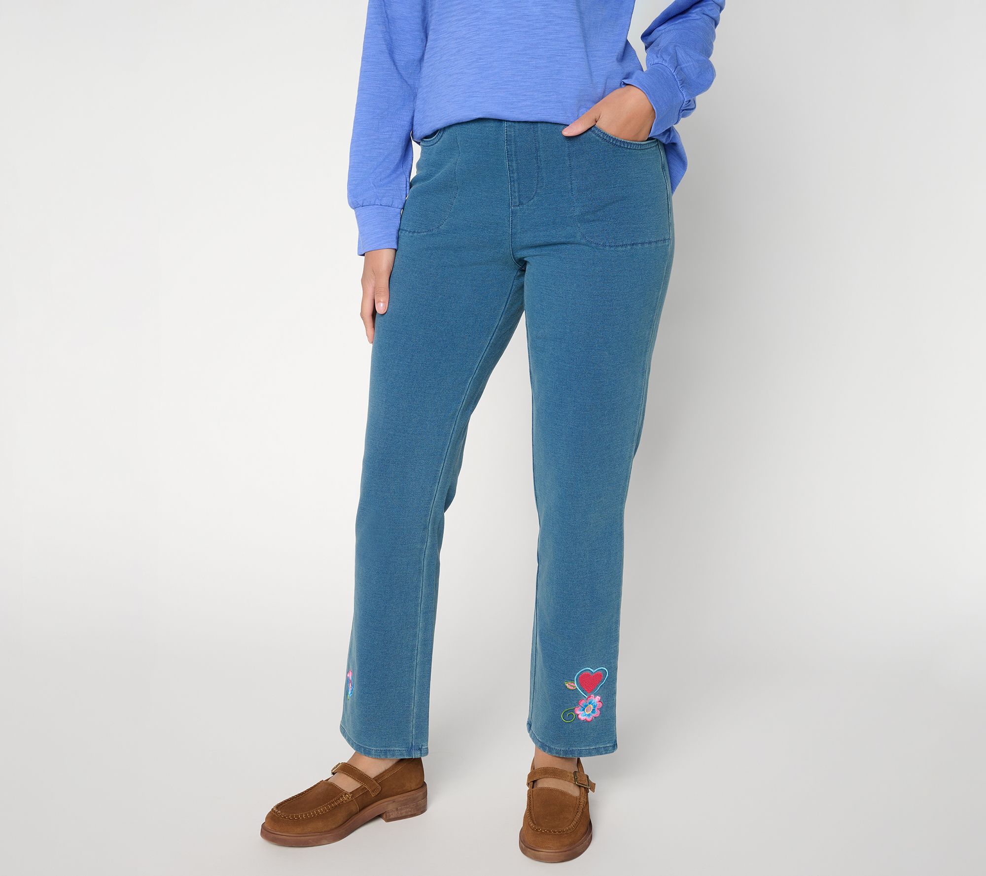 Quacker Factory Be Mine Regular Embroidered Slim Straight Pants