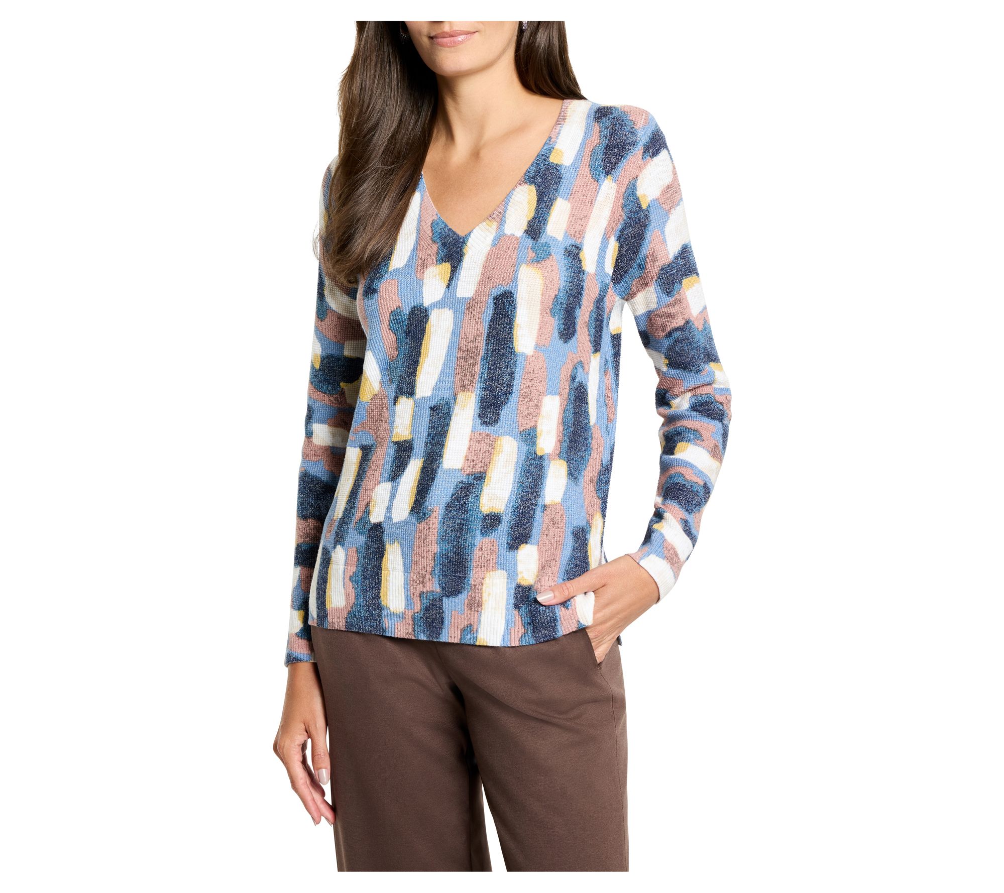 NIC+ZOE Brushstrokes Waffle V-Neck Sweater