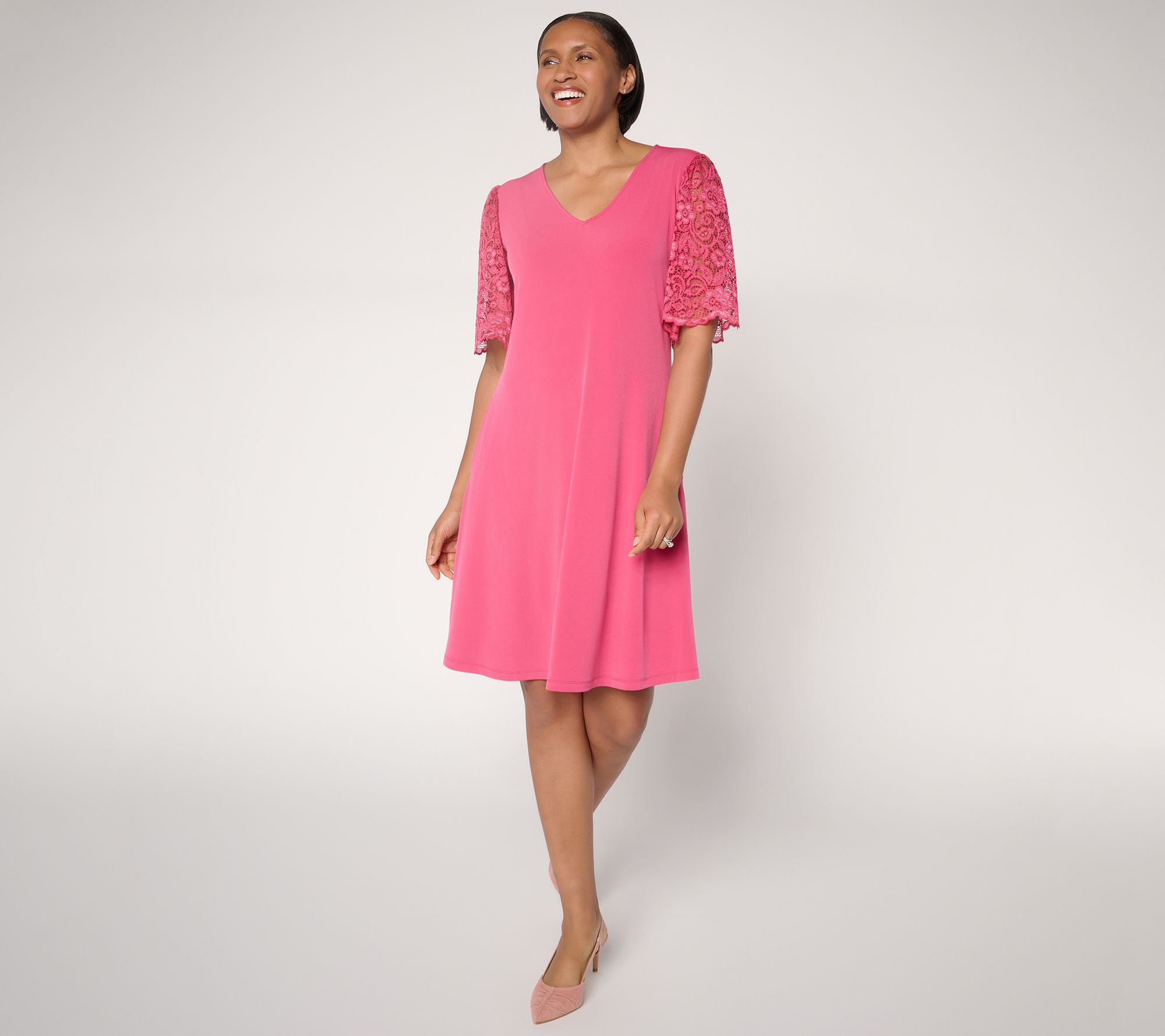  Susan Graver Petite Liquid Knit V-Neck A-Line Dress w/ Lace Sleeves