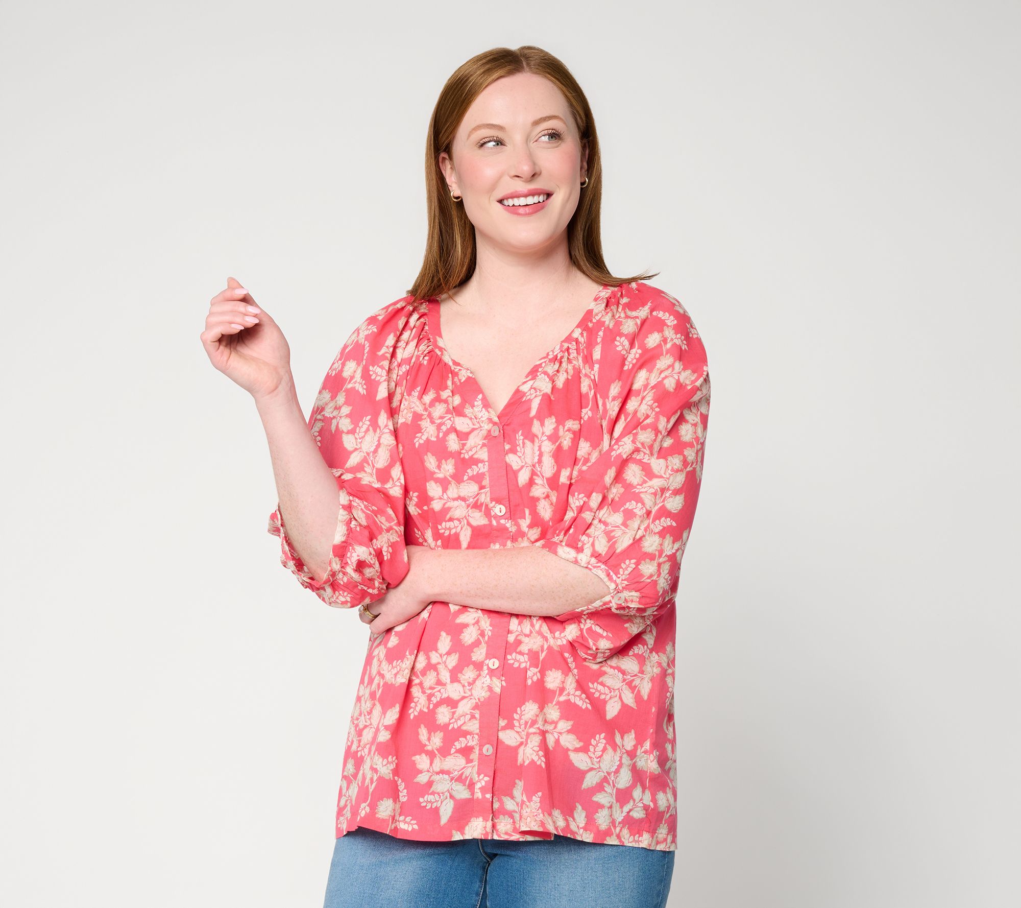 Ree by The Pioneer Woman Split Neck Blouson Sleeve Woven Blouse