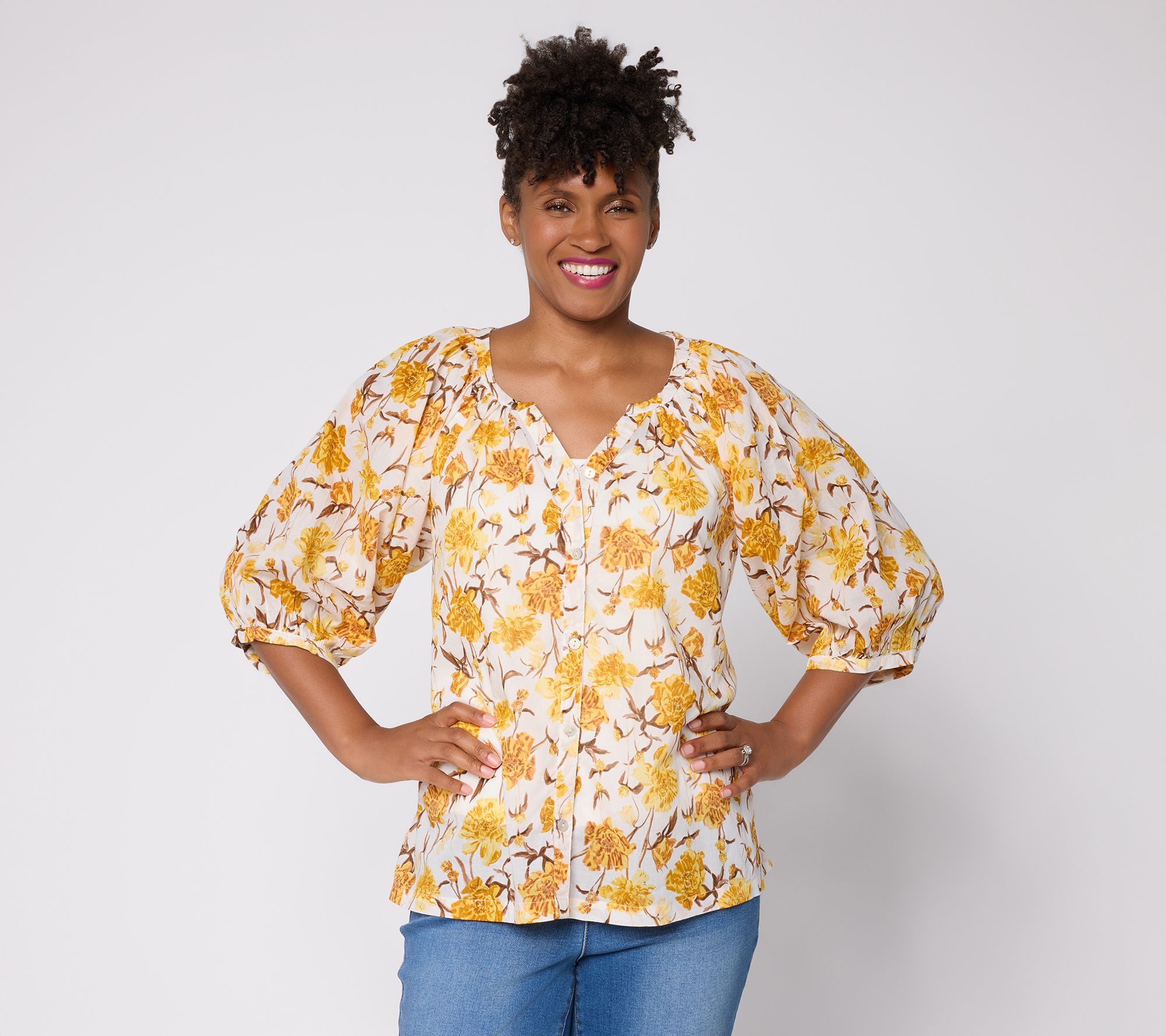 Ree by the Pioneer Woman Split Neck Blouson Sleeve Woven Blouse