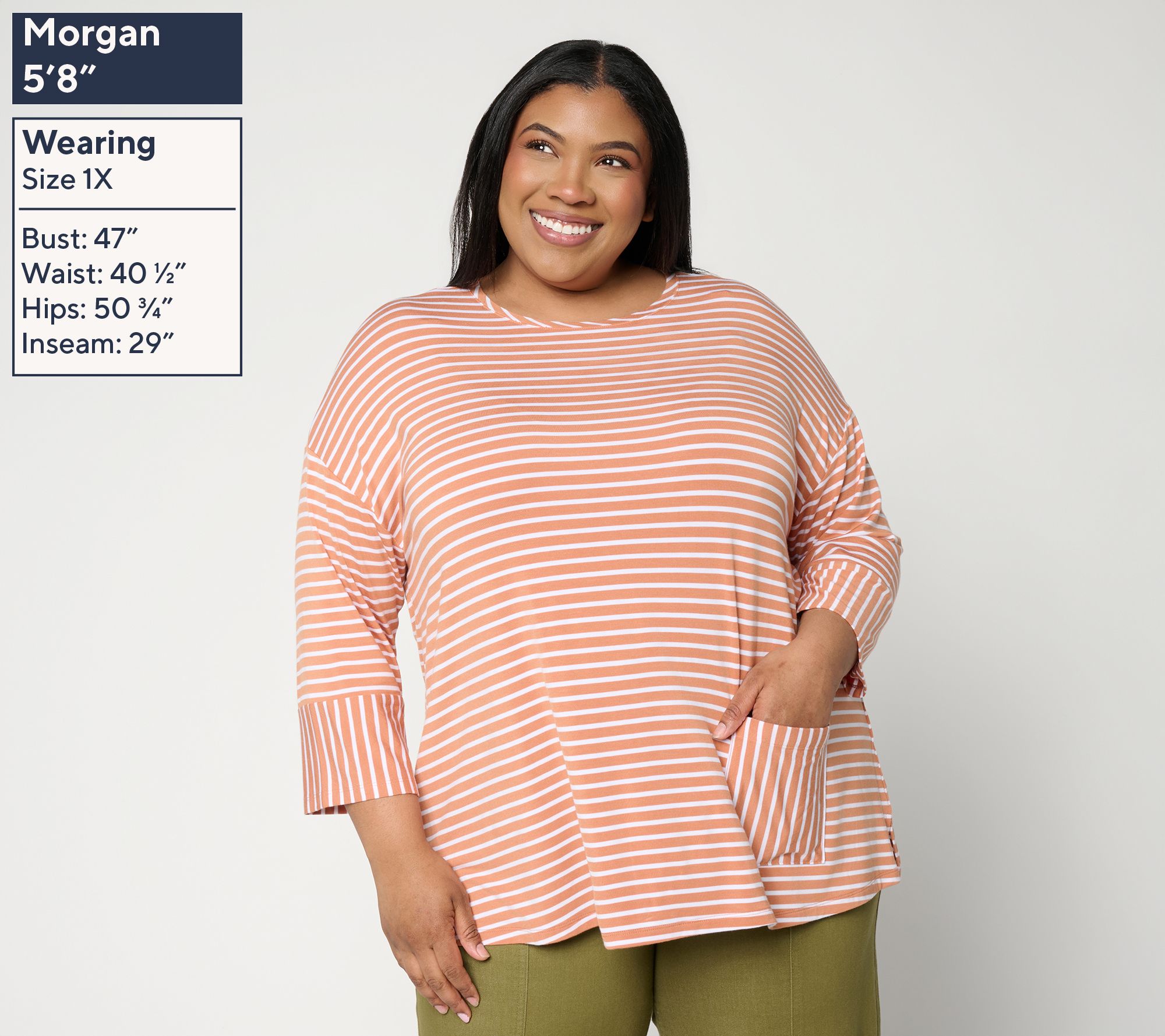 Joan Rivers Mixed Stripe Pocket 3/4 Sleeve Tee - QVC.com