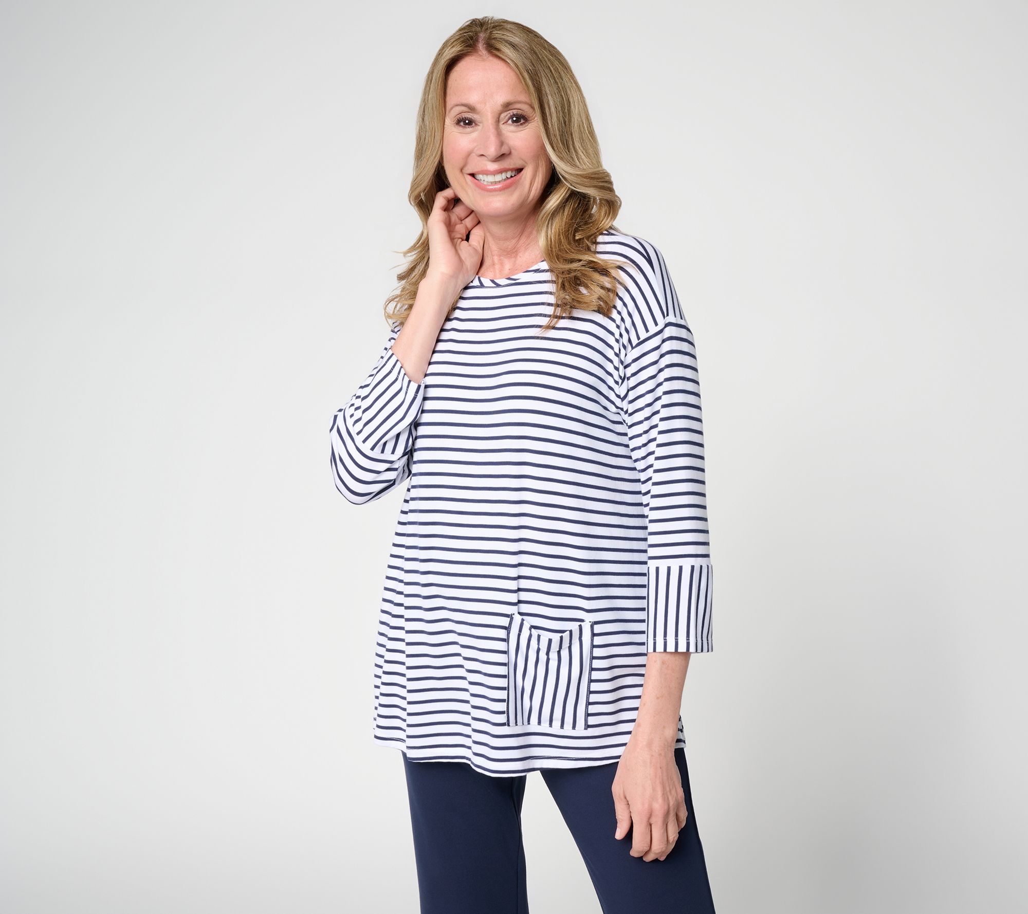 Joan Rivers Mixed Stripe Pocket 3/4 Sleeve Tee