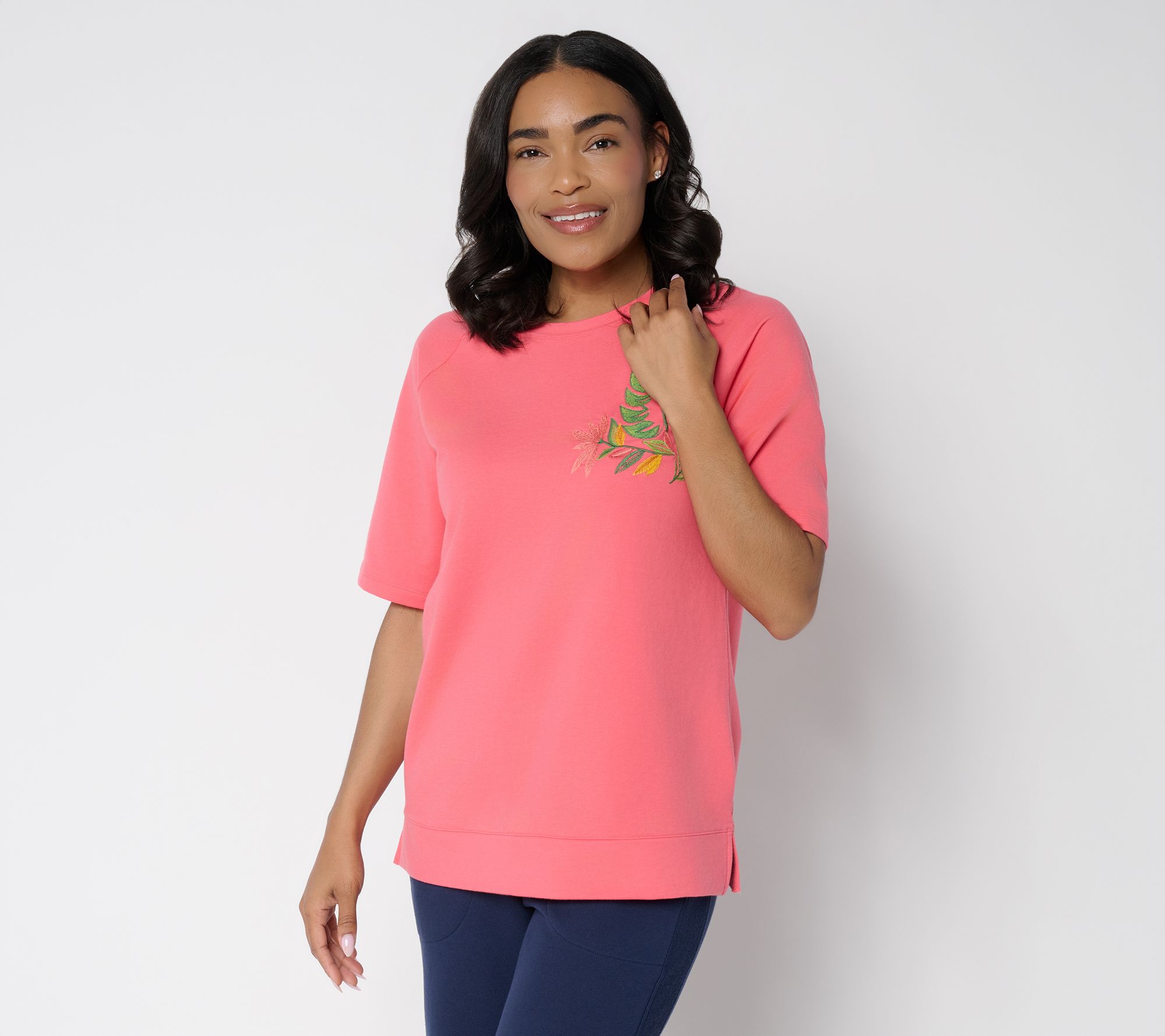 Denim & Co. Embroidered French Terry Raglan Sleeve Top