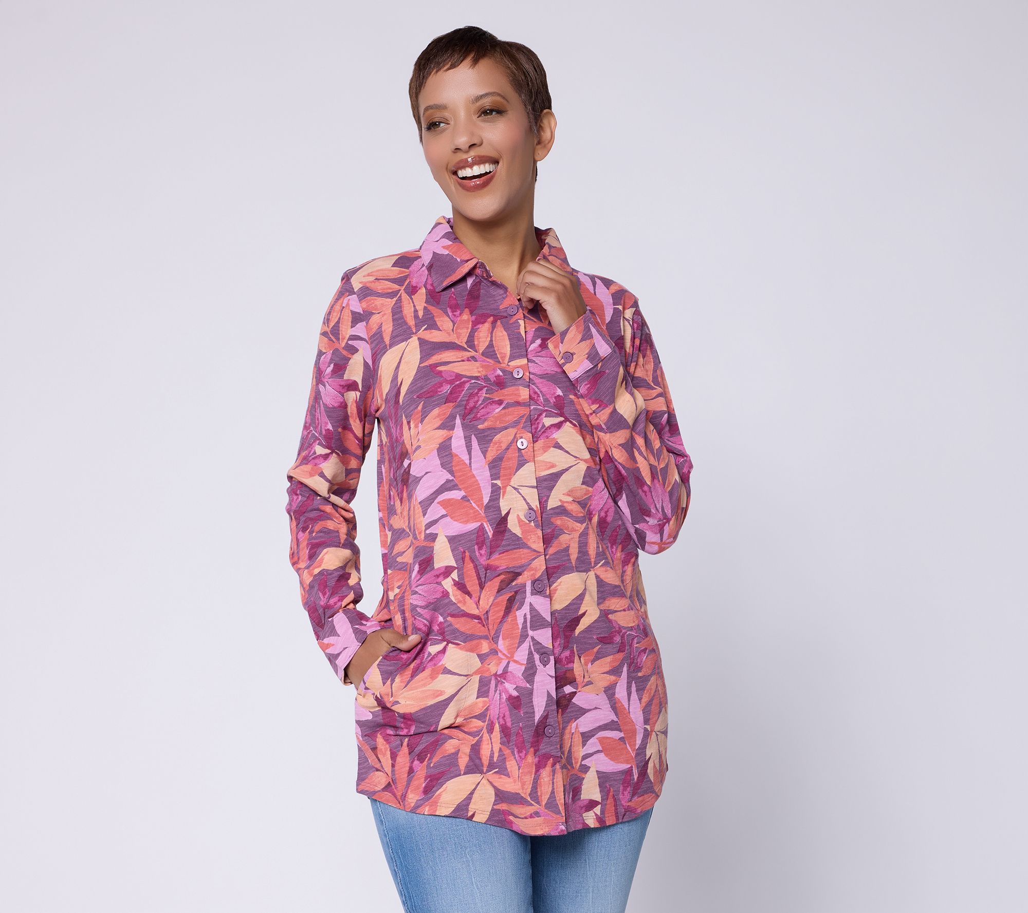 Denim & Co. Printed Regular Cotton Slub Button Front Shirt