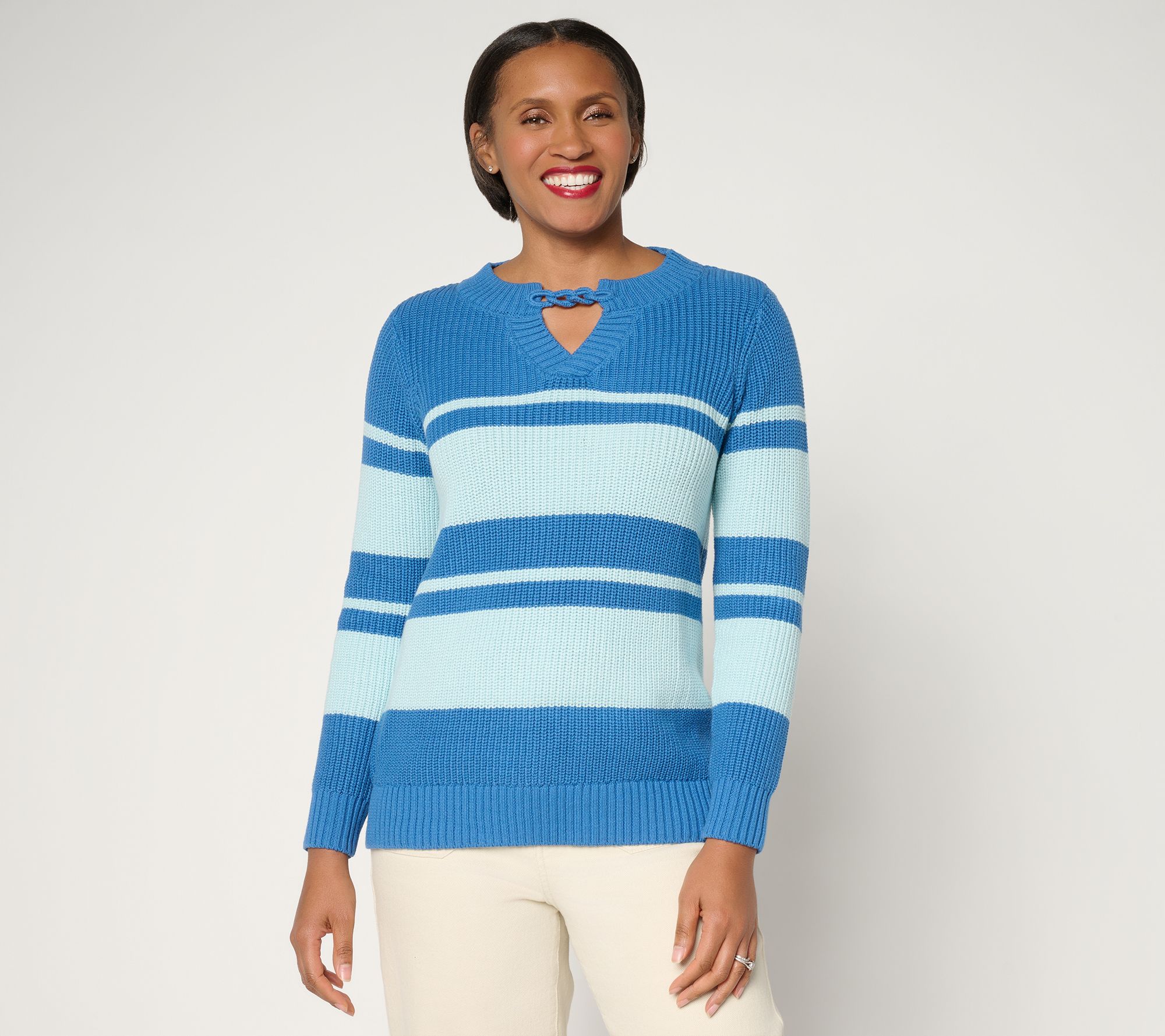 "As Is" Joan Rivers Split-Neck with Cable Chain Stiped Sweater