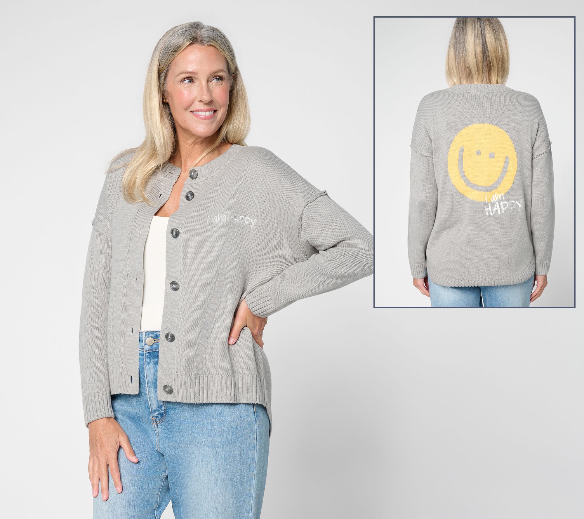 Peace Love World Long Sleeve Crew Neck Motif Cardigan