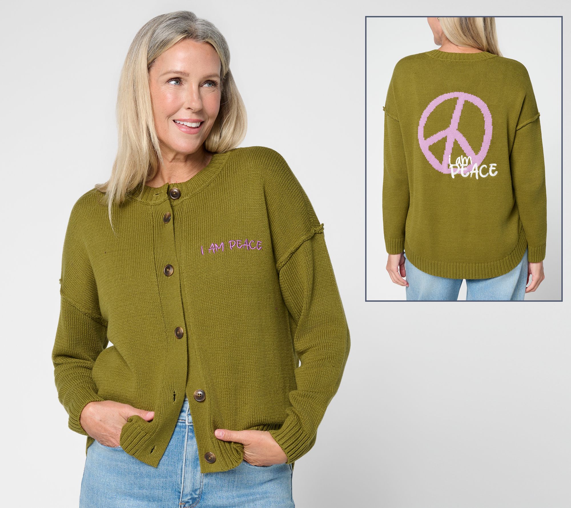 Peace Love World Long Sleeve Crew Neck Motif Cardigan