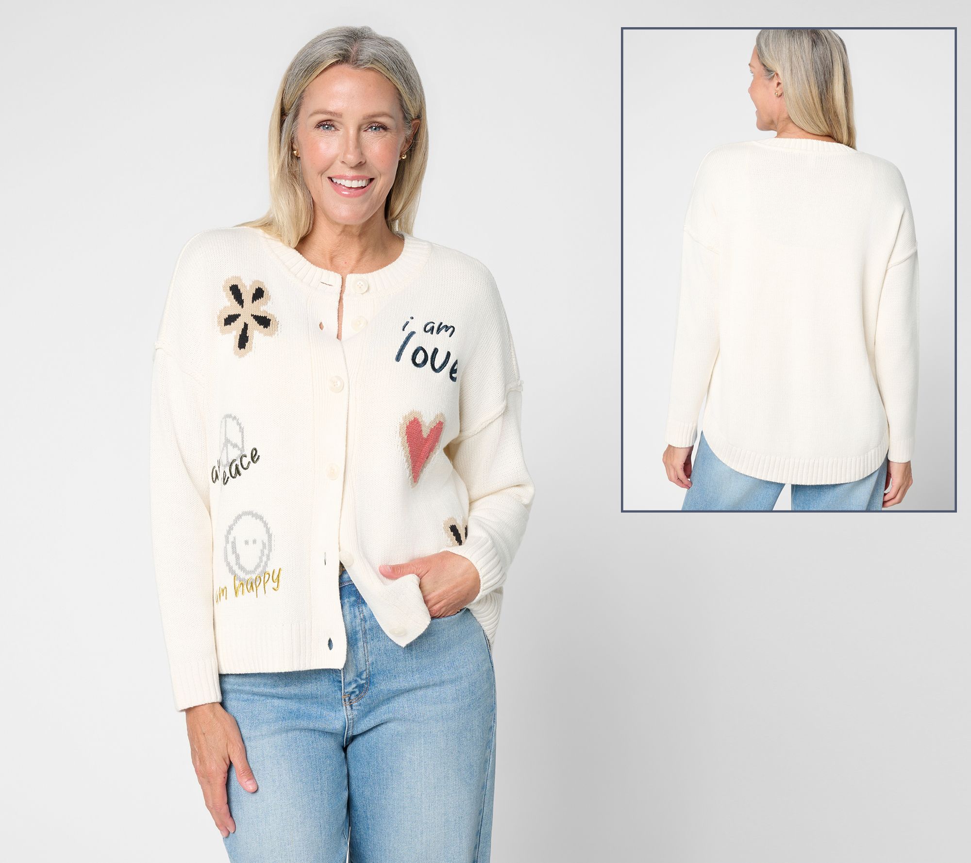 Peace Love World Long Sleeve Crew Neck Motif Cardigan