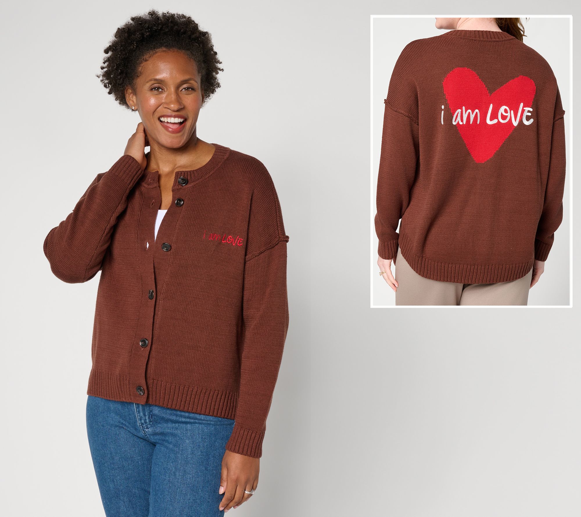 Peace Love World Long Sleeve Crew Neck Motif Cardigan