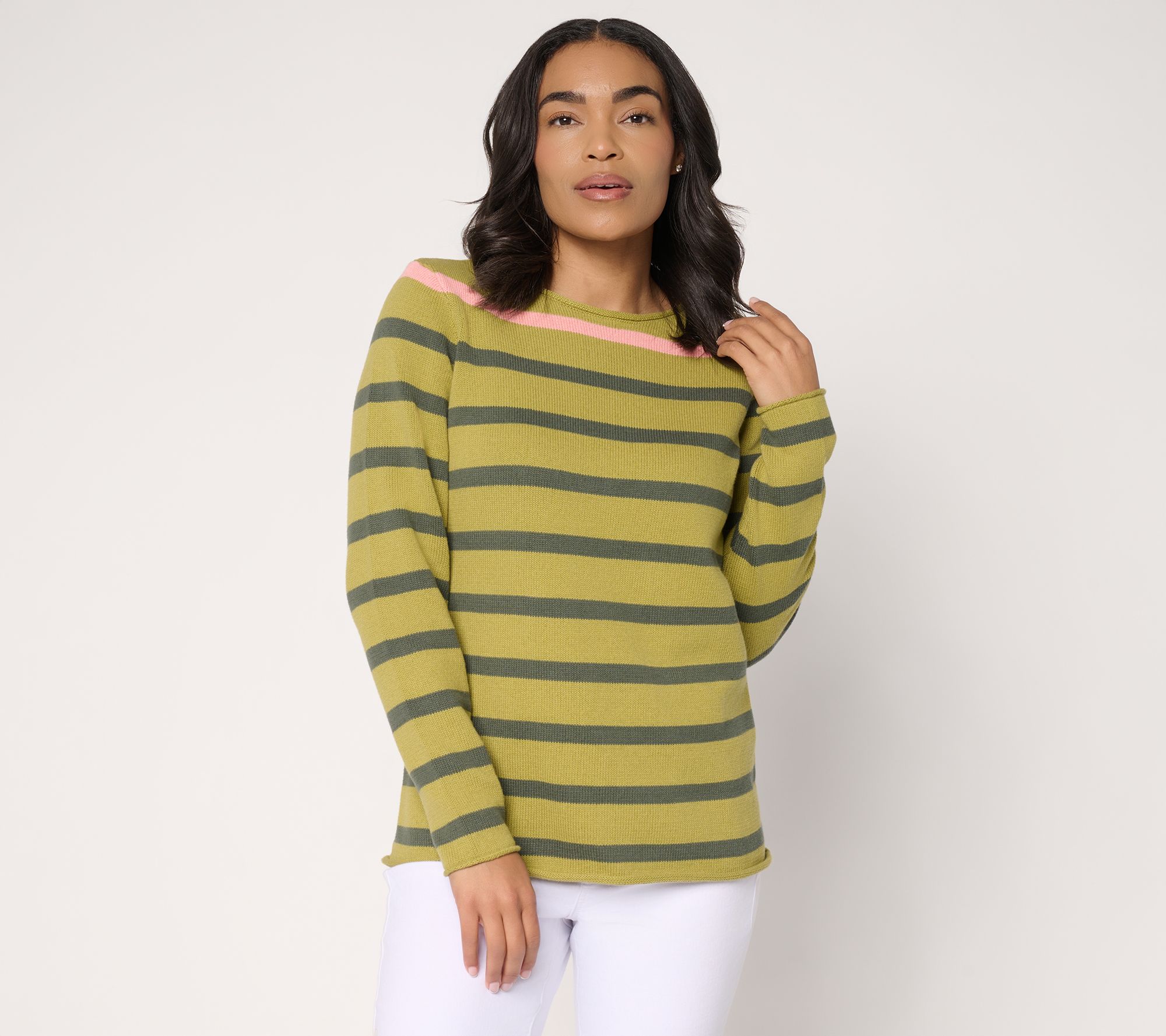 "As Is" Denim & Co. Striped 100% Cotton Crew Neck Long Sleeve Sweater