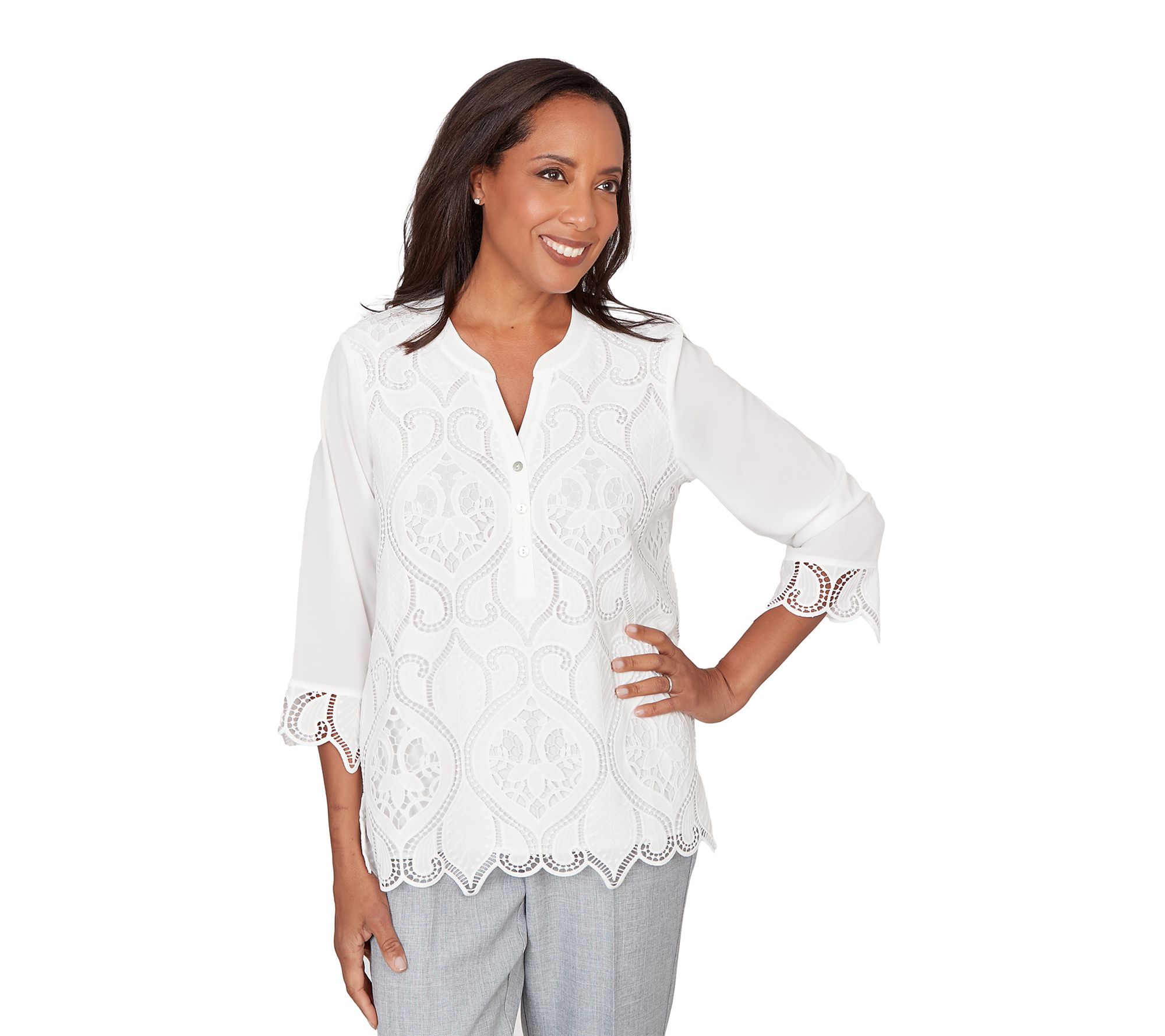 Alfred Dunner Women's Lace Front Henley Top