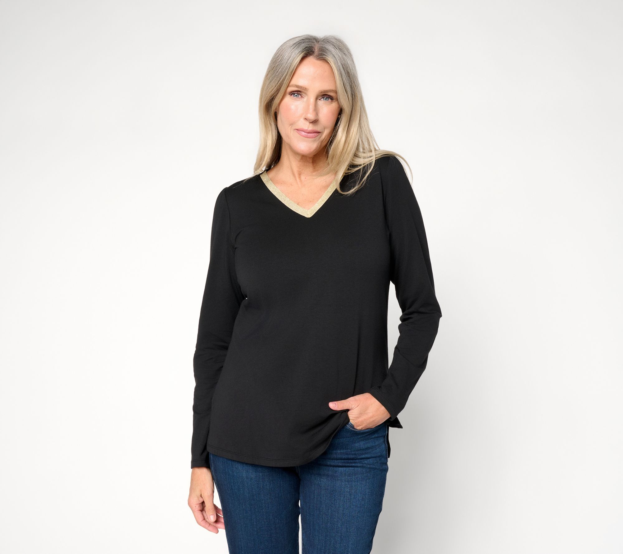 Belle by Kim Gravel TripleLuxe Knit Metallic Trim V Neck Top
