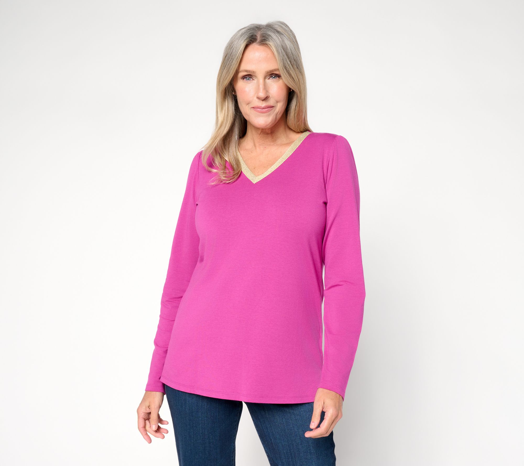 Belle by Kim Gravel TripleLuxe Knit Metallic Trim V Neck Top