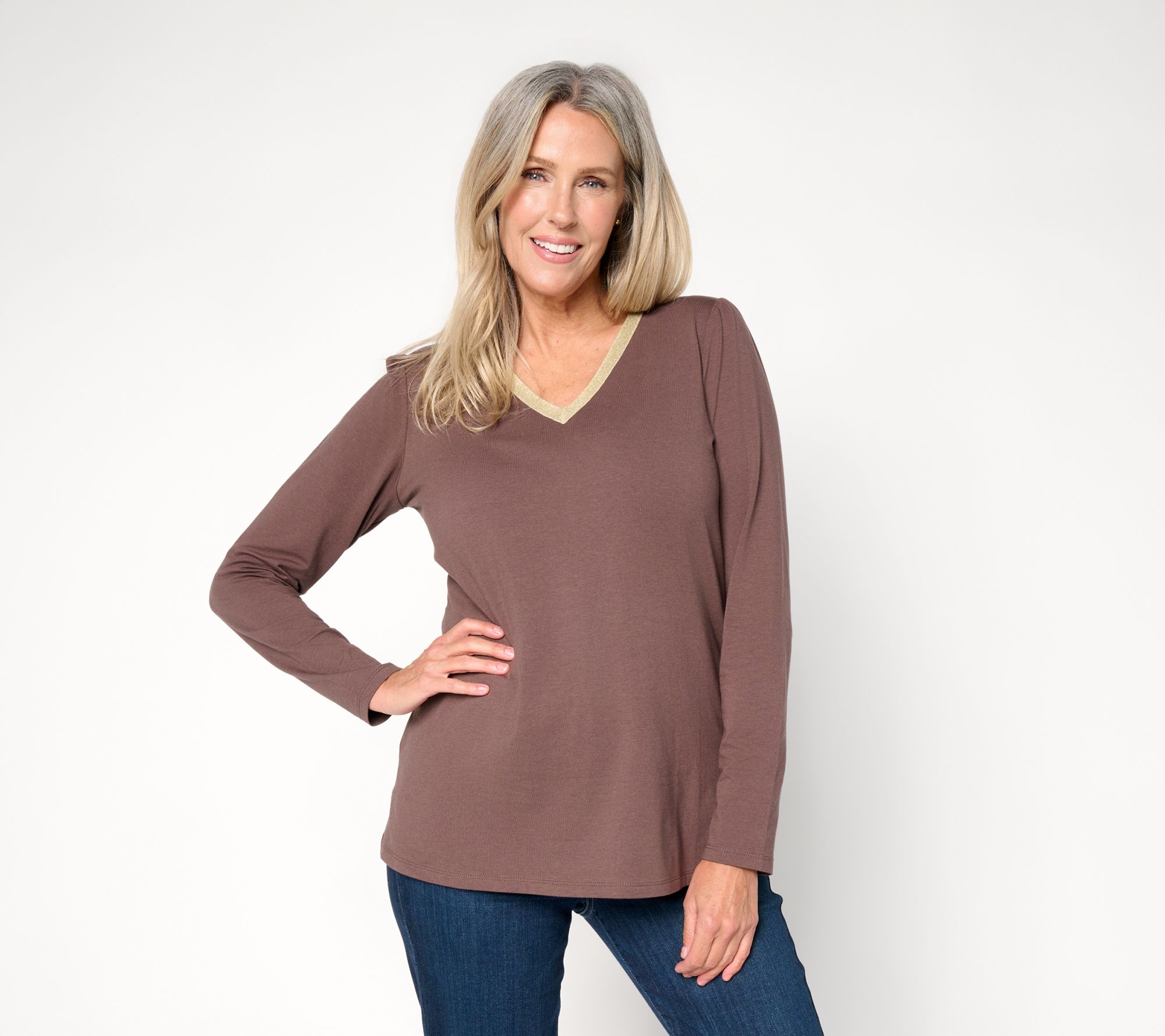 Belle by Kim Gravel TripleLuxe Knit Metallic Trim V Neck Top