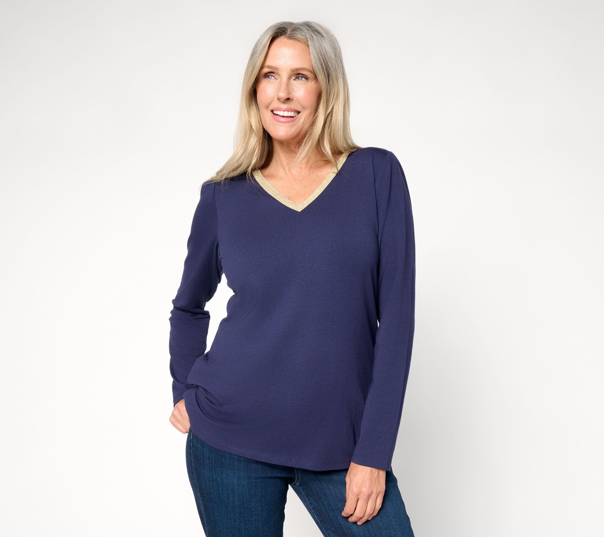 Belle by Kim Gravel TripleLuxe Knit Metallic Trim V Neck Top