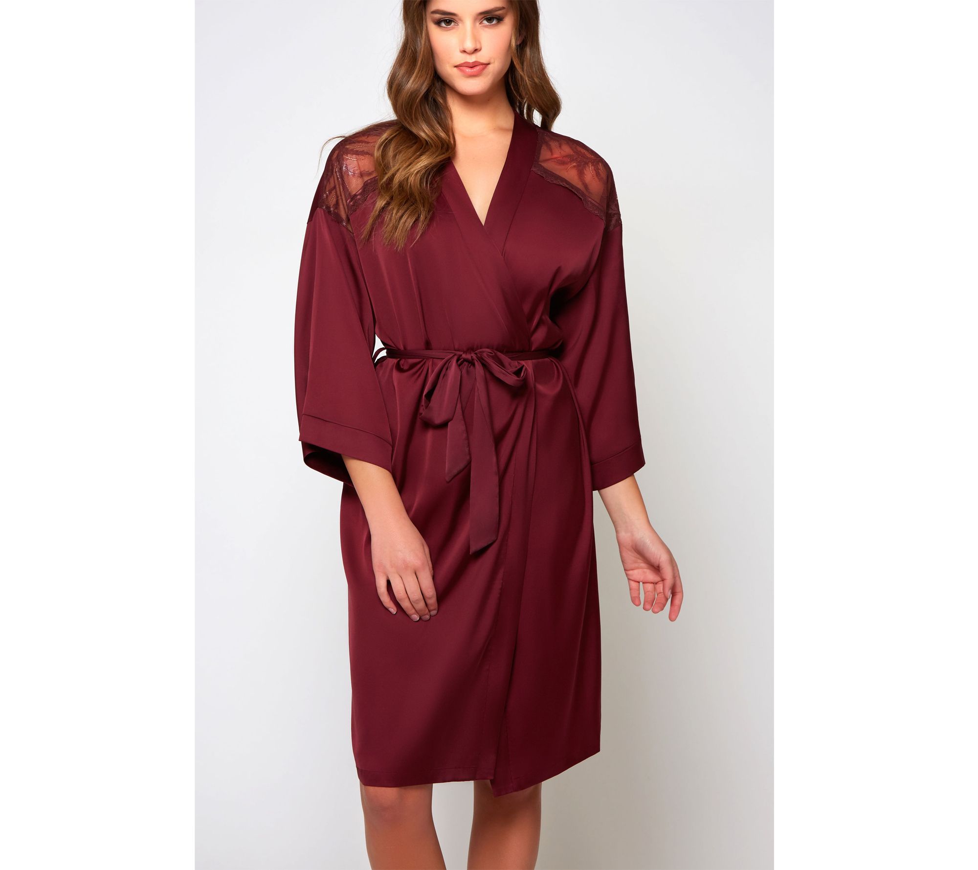 iCollection Stretch Satin Embriodered  Shoulders Belted Robe