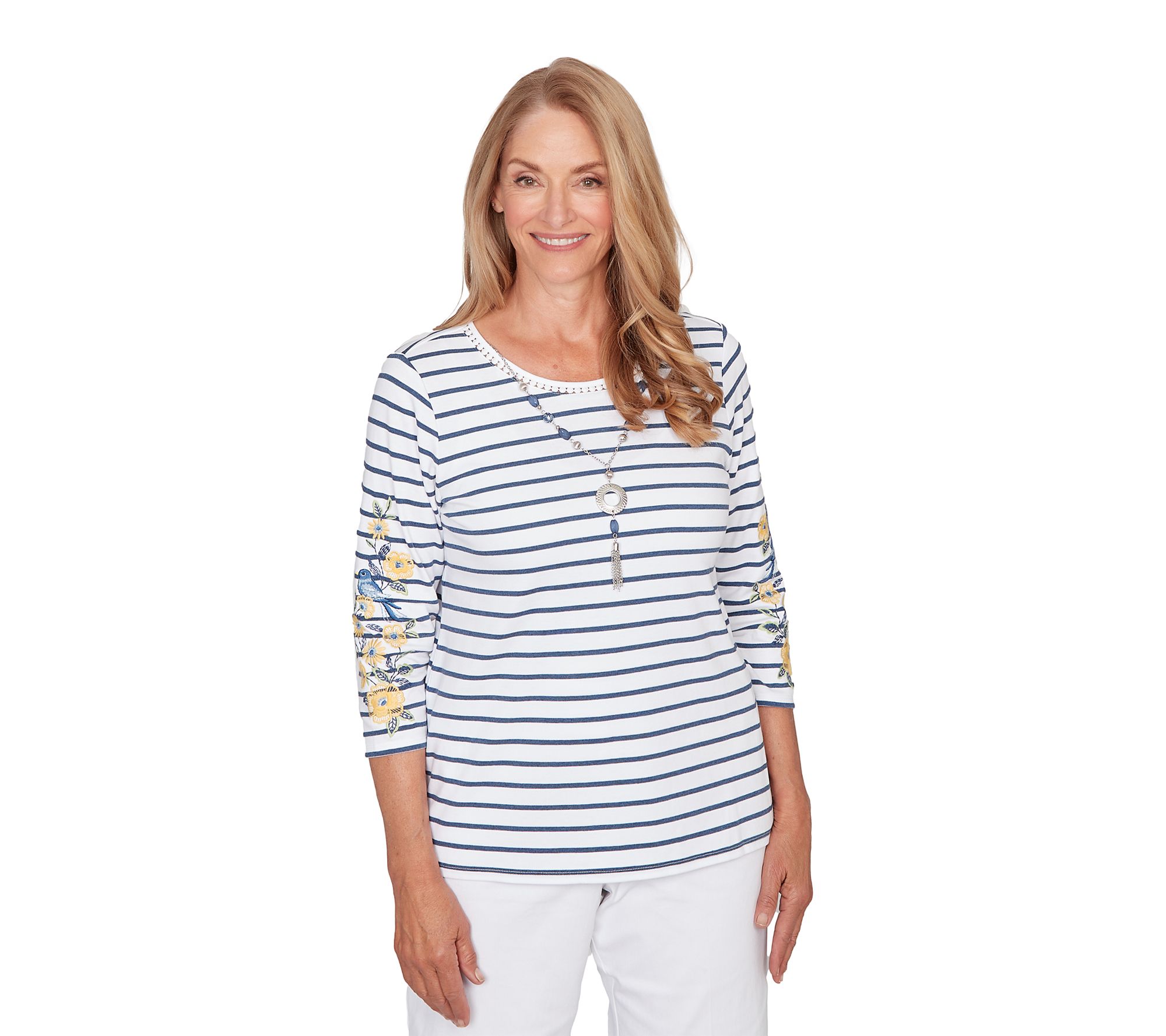 Alfred Dunner Floral Embroidered Stripe Top with Necklace