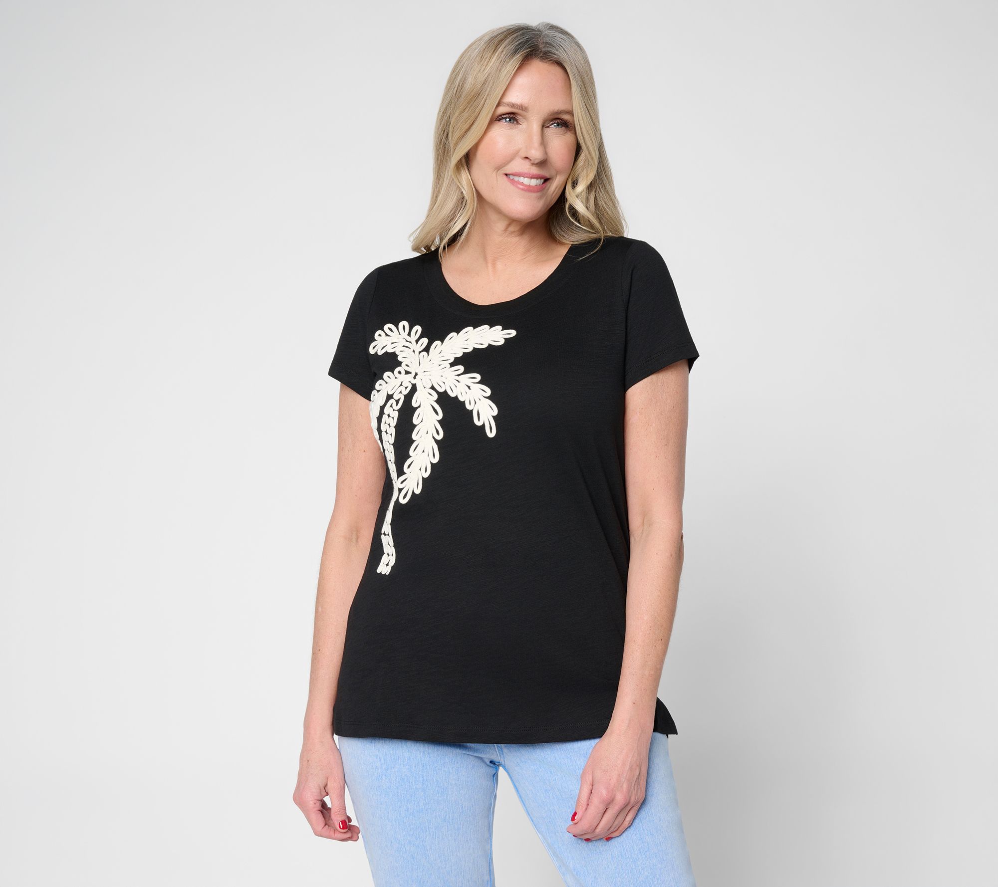 "As Is" Belle Beach by Kim Gravel SlubKnit Stay Palm Short Sleeve Top