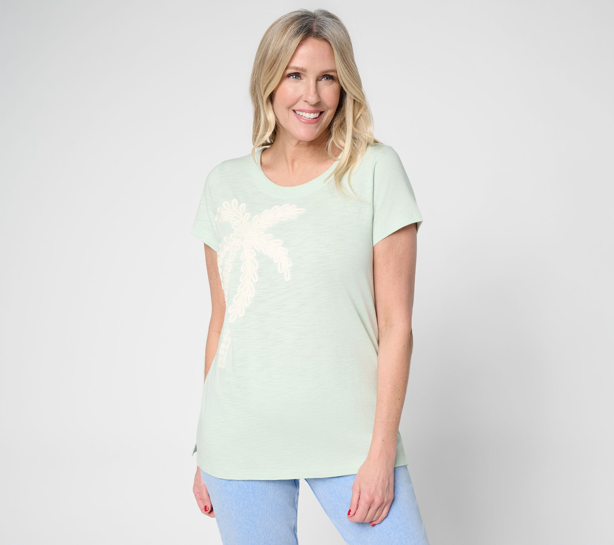 "As Is" Belle Beach by Kim Gravel SlubKnit Stay Palm Short Sleeve Top