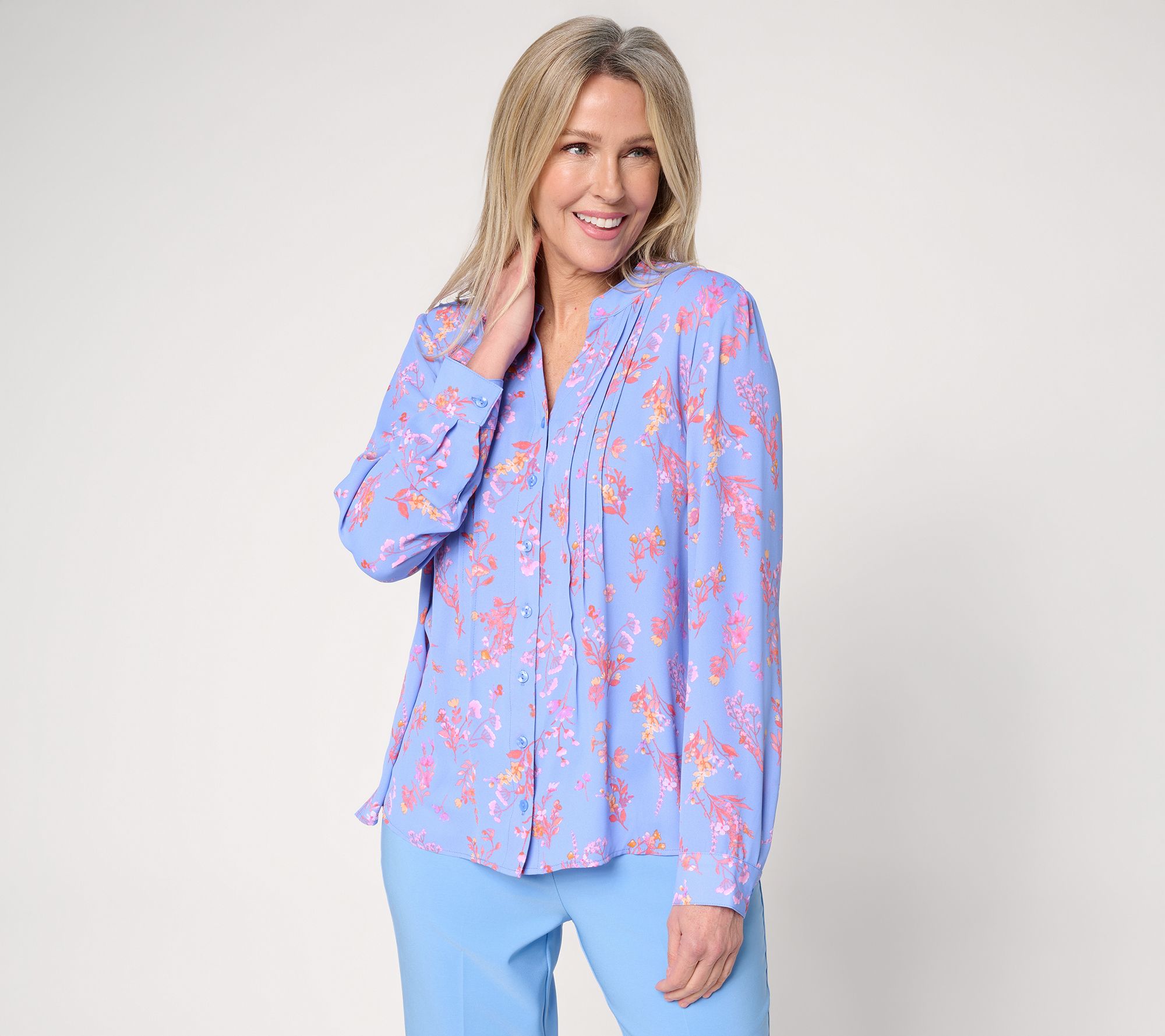 "As Is" Joan Rivers Pintuck Split V Button- Front Georgette Blouse