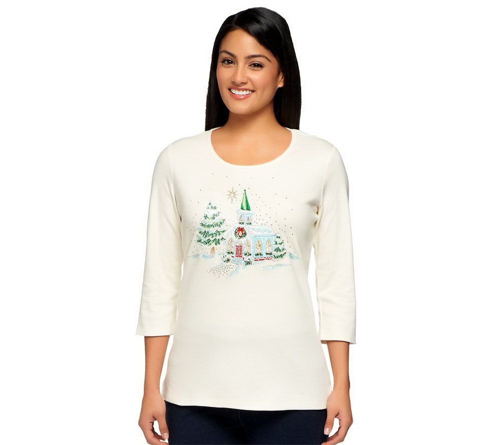 "As Is" Quacker Factory All is Bright Holiday Bling 3/4 Sleeve T-shirt
