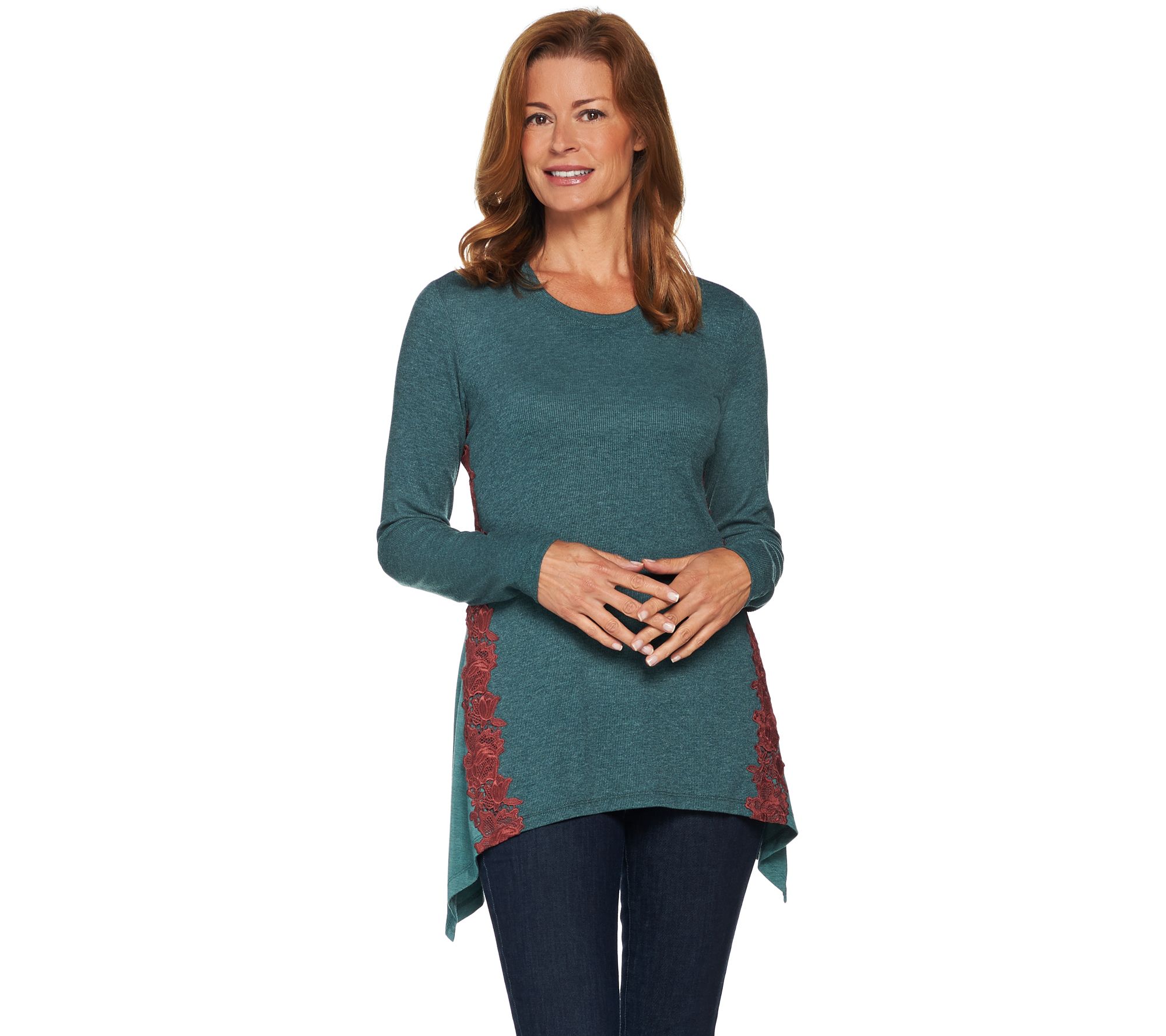 LOGO Lounge by Lori Goldstein Knit Top with Godets and Contrast Lace ...