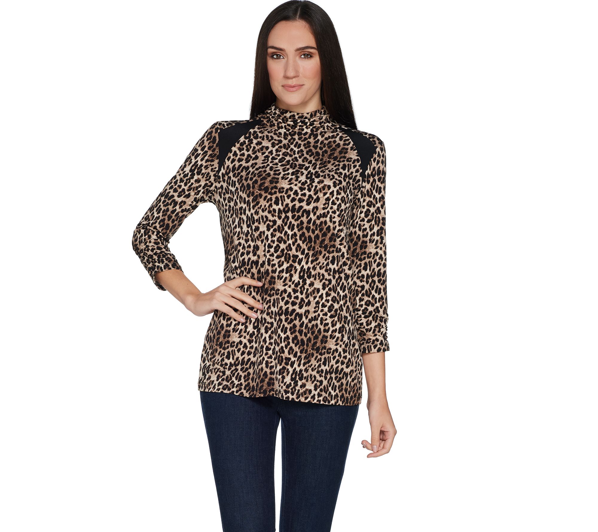 Susan Graver Printed Liquid Knit Mock Neck Top w/ Solid Insets - QVC.com