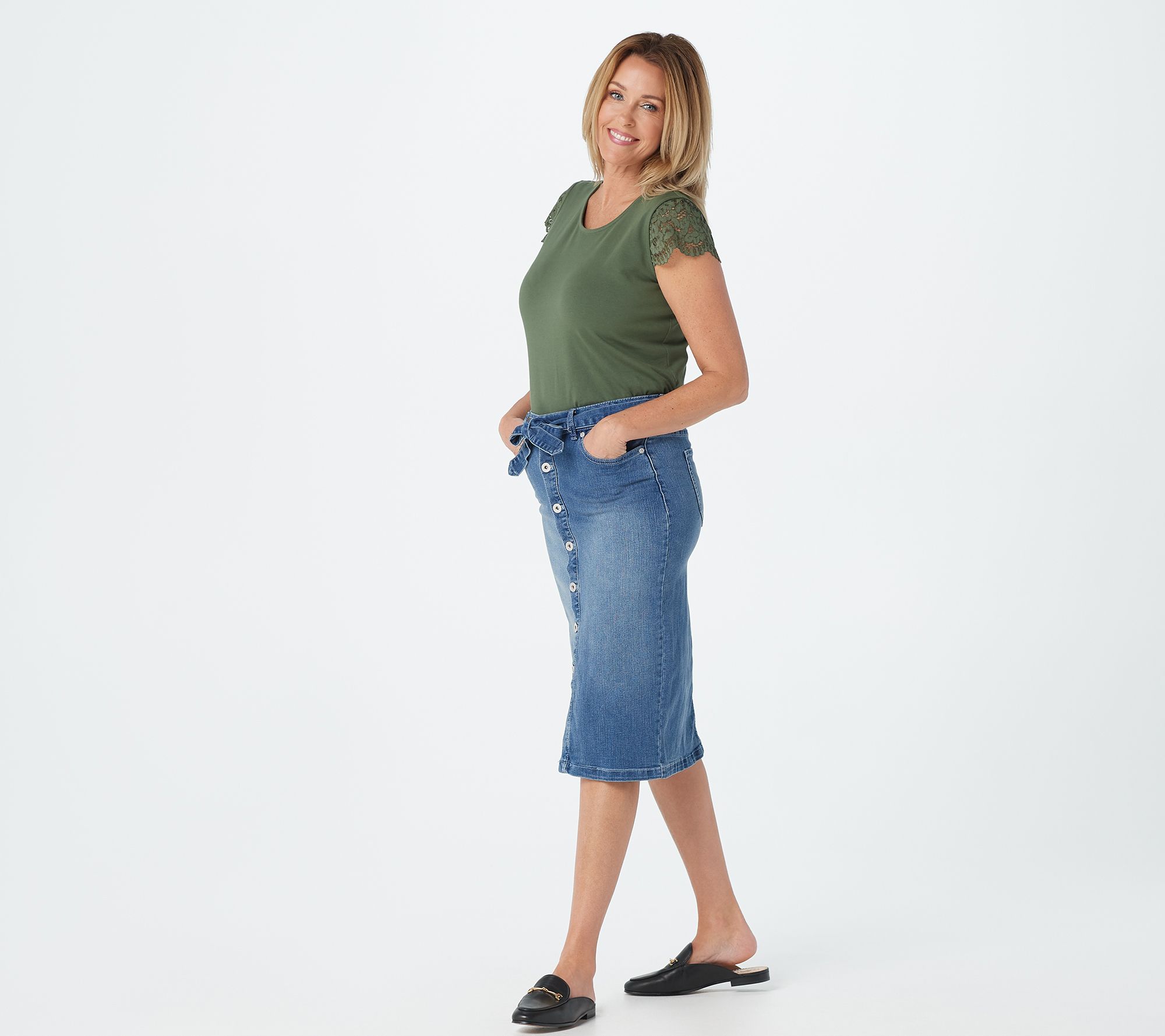 "As Is" Denim & Co. Button Front Denim Skirt with SelfTie