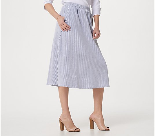 Denim & Co. Seersucker Pull-On Midi Skirt with Pockets