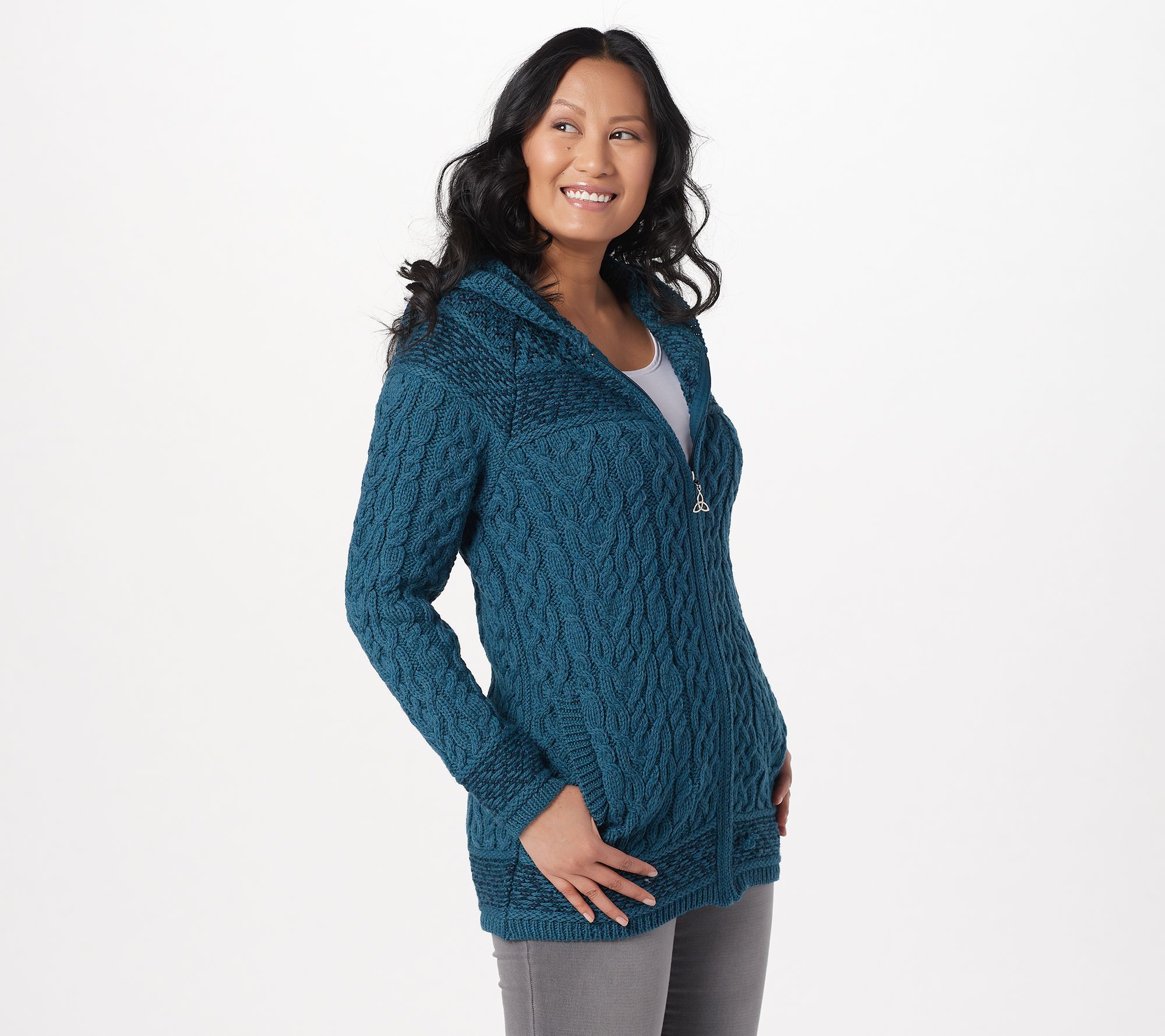 aran craft merino wool asymmetric zip front sweater