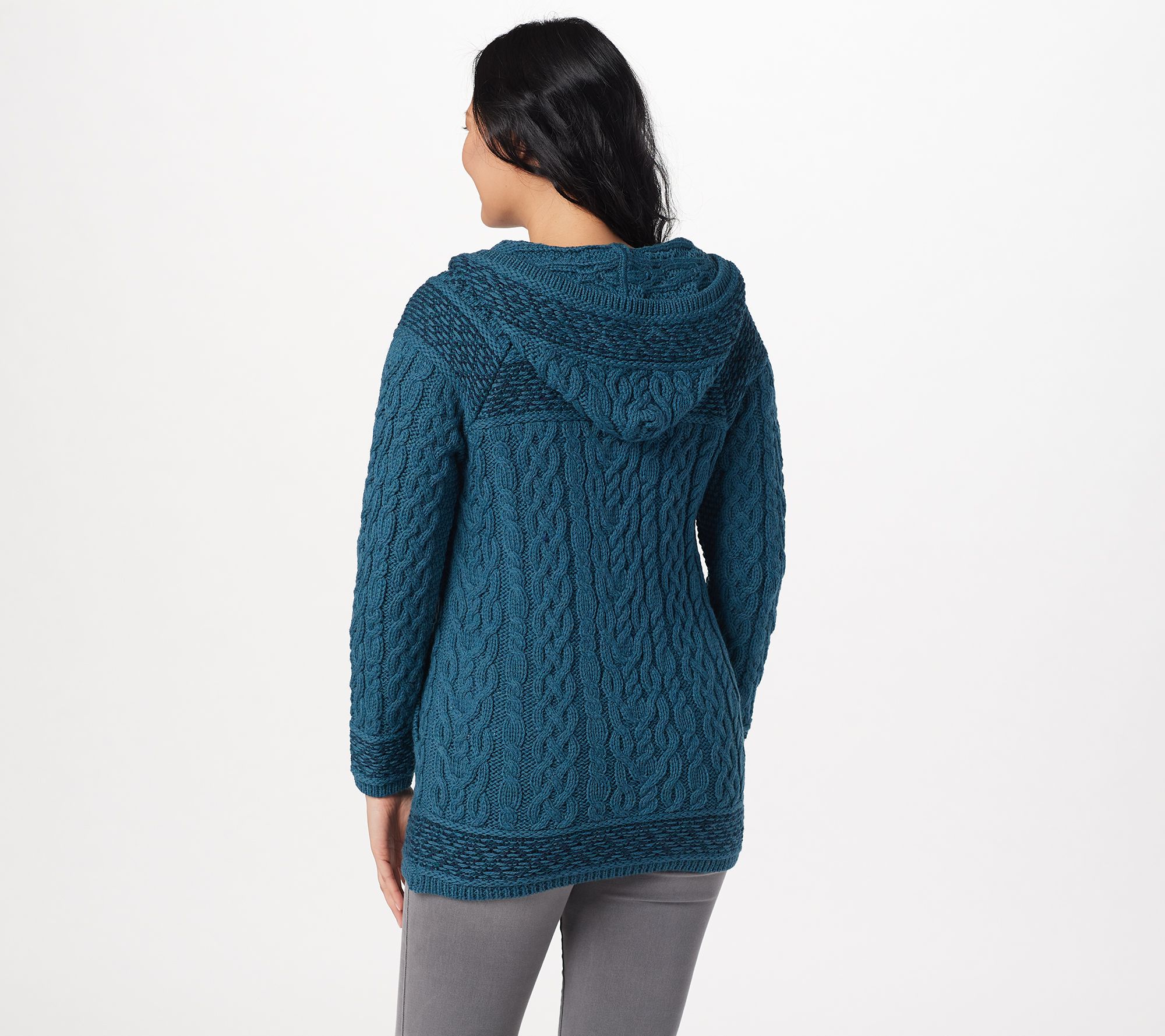 aran craft merino wool asymmetric zip front sweater