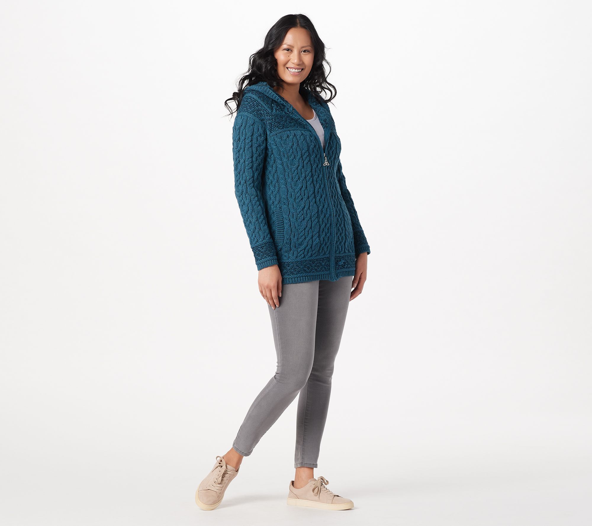 aran craft merino wool asymmetric zip front sweater