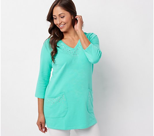 Quacker Factory Bling V-Neck 3/4-Sleeve Tunic with Sparkle Pockets