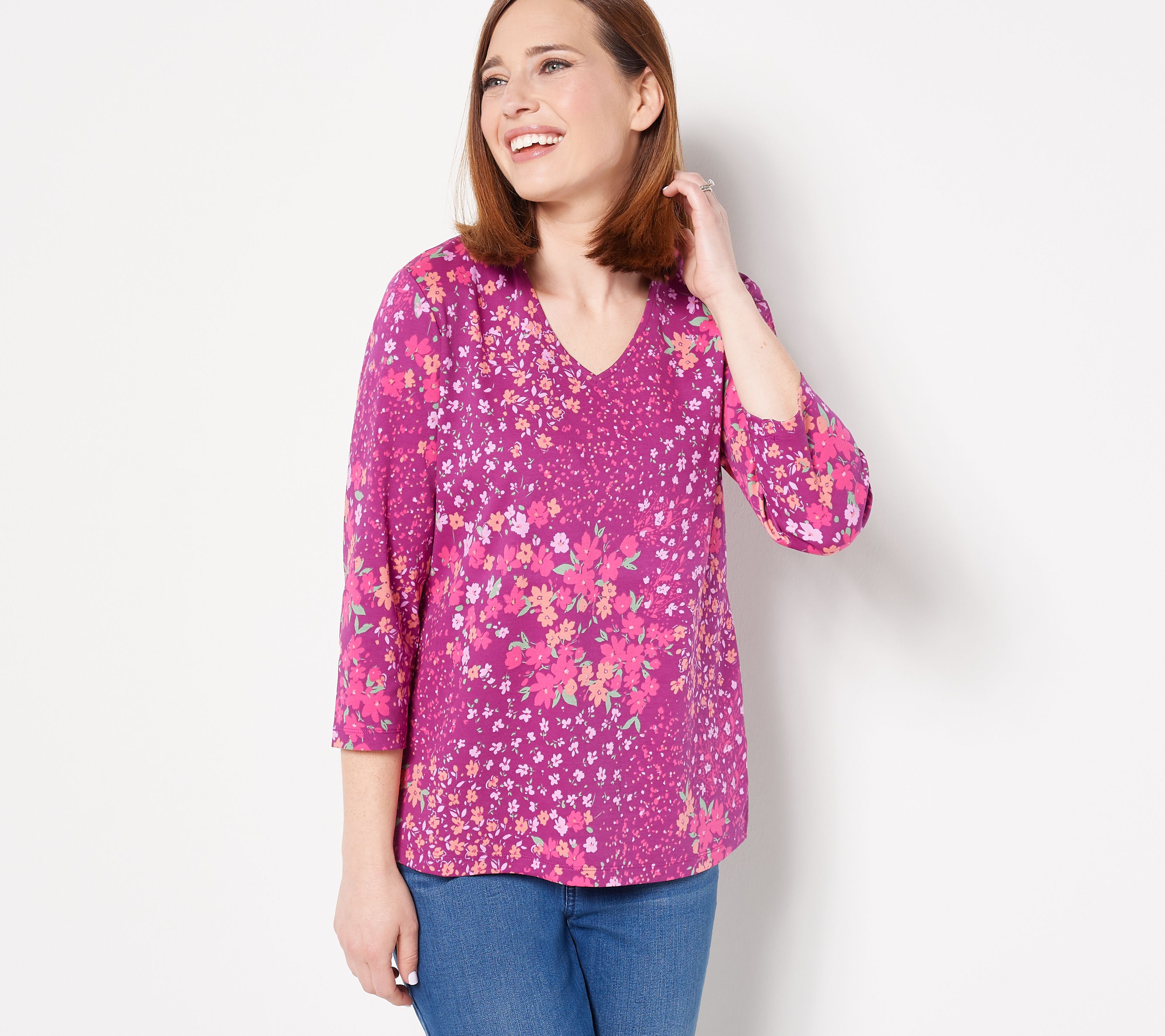 Isaac Mizrahi Live! Printed Pima Cotton V-Neck 3/4-Sleeve Top
