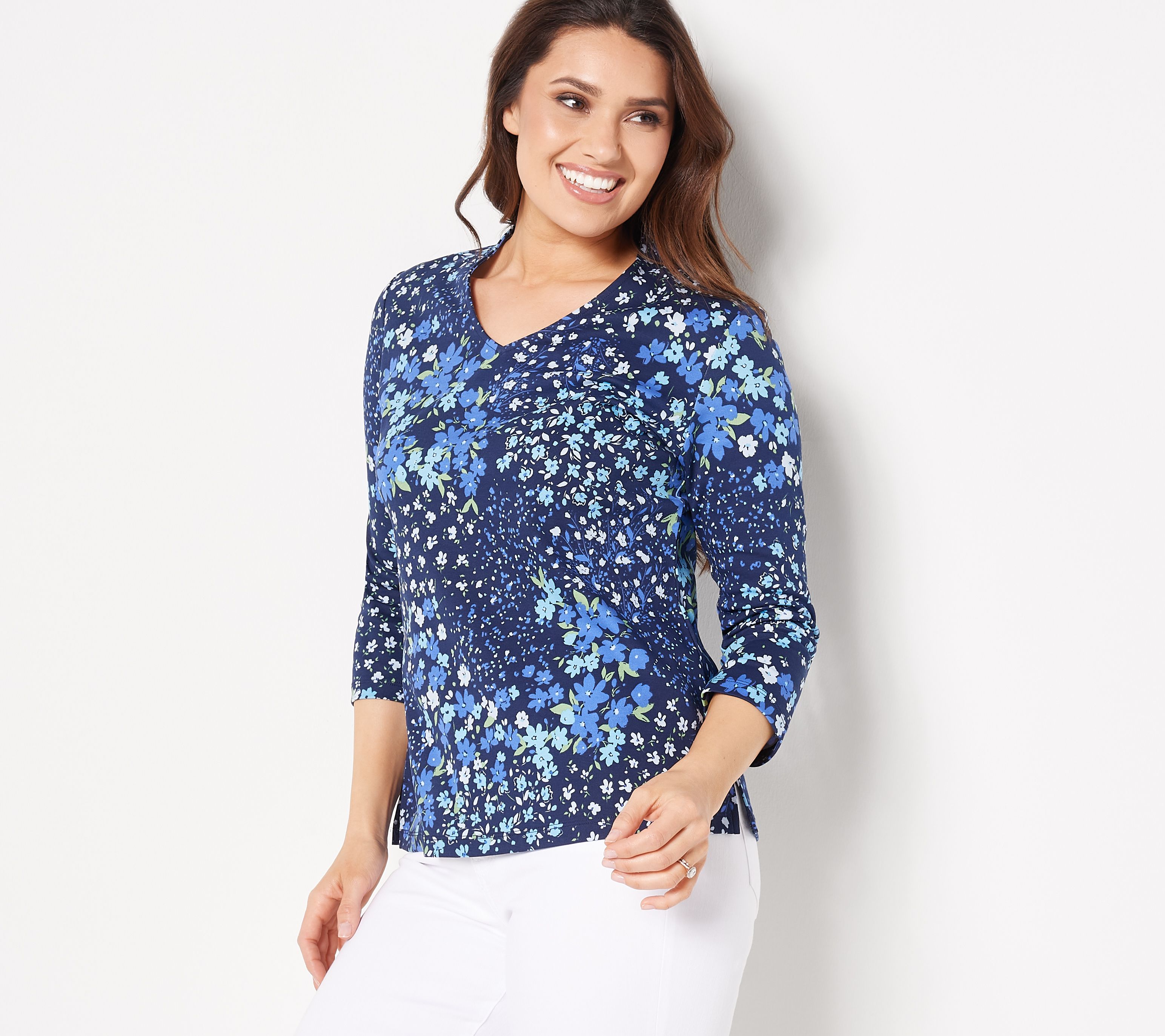 Isaac Mizrahi Live! Printed Pima Cotton V-Neck 3/4-Sleeve Top