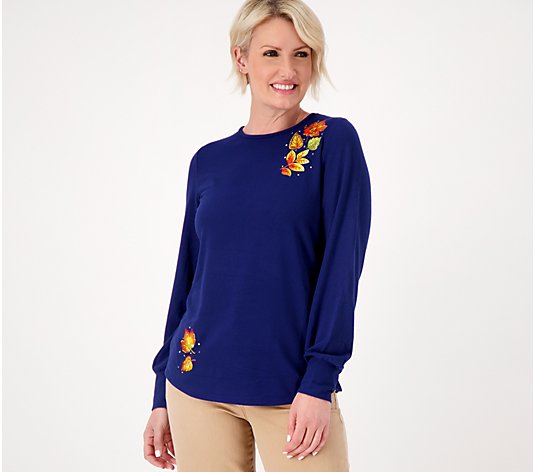 Quacker Factory Embroidered Soft Knit Balloon Sleeve Top