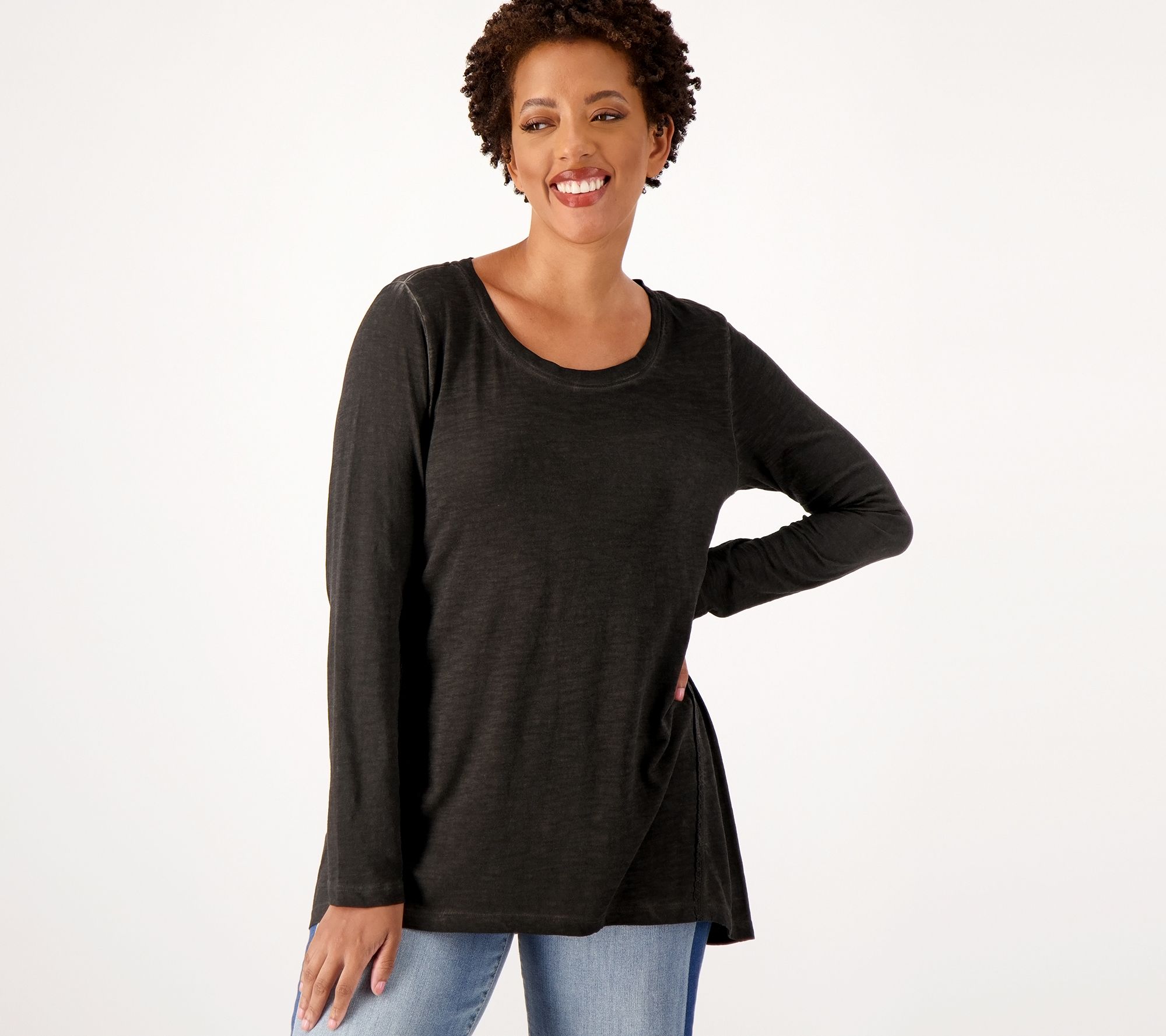 LOGO by Lori Goldstein Distressed Cotton Long Sleeve Top