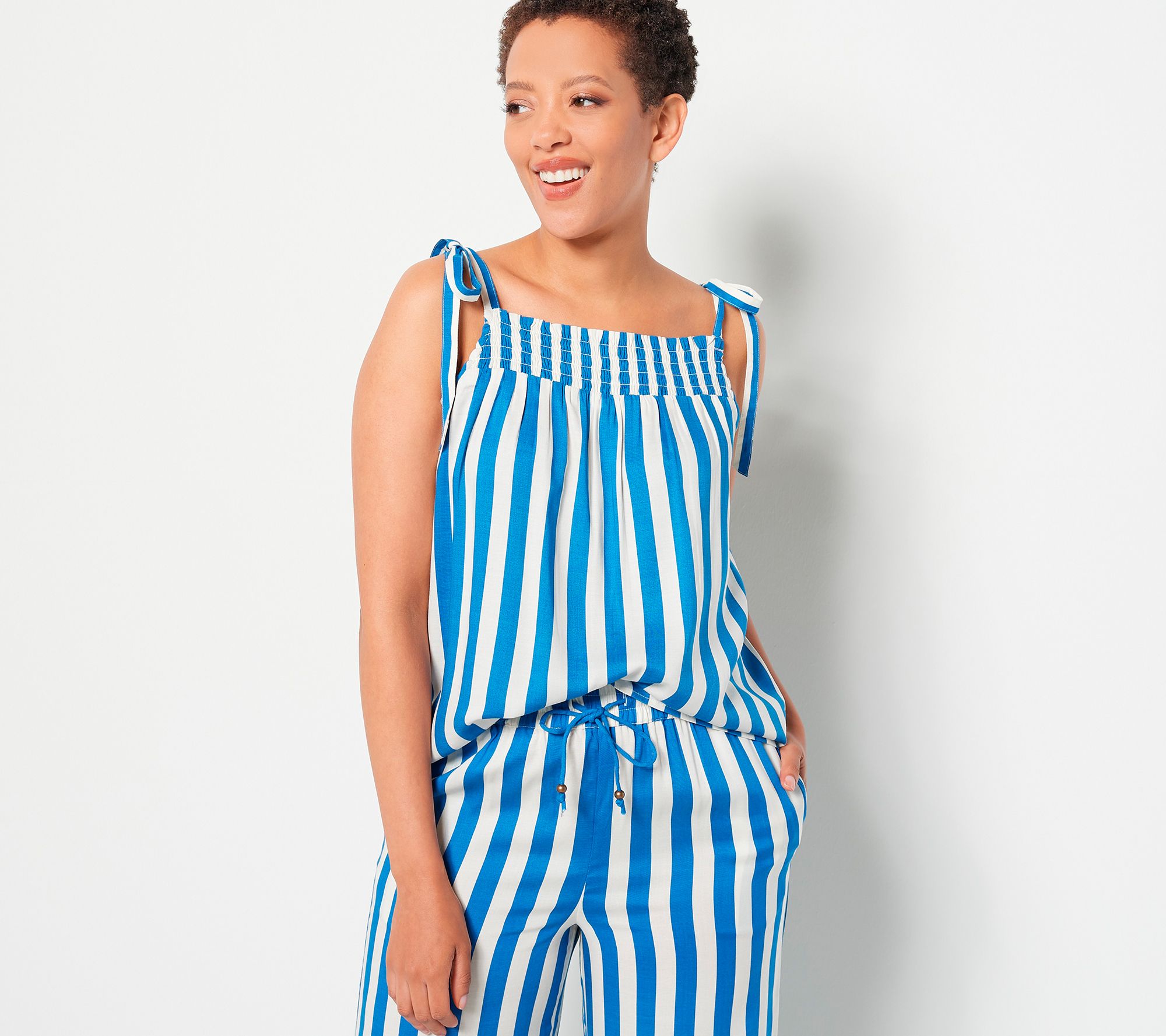 "As Is" Candace Cameron Bure Printed Tie Strap Smocked Woven Tank