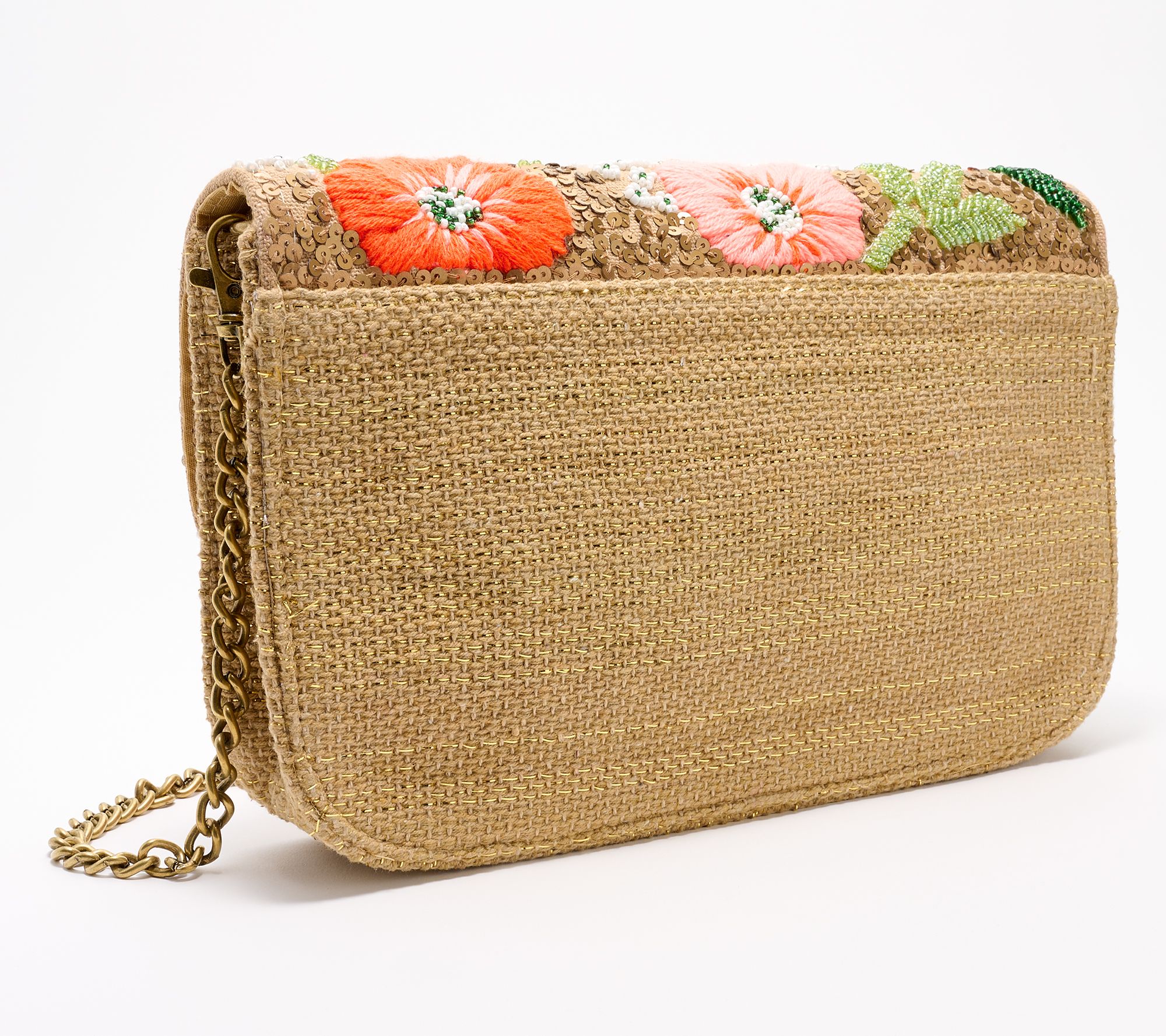 Jute Tote Bag, 'Fire Blossom' - Floral Jute Embroidered Shoulder Bag