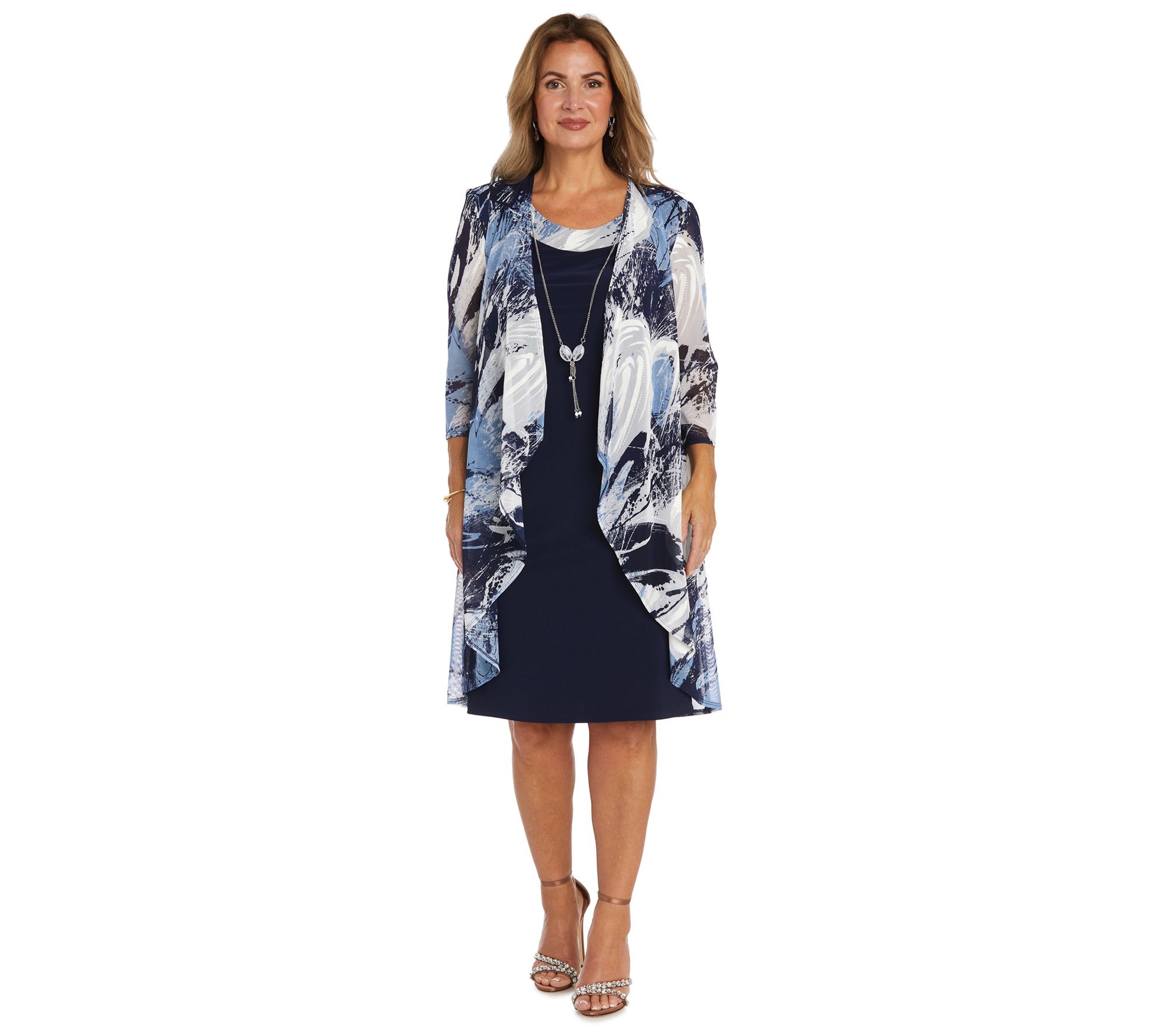 R&M Richards Printed Jacket Dress With Sparkling Necklace - QVC.com