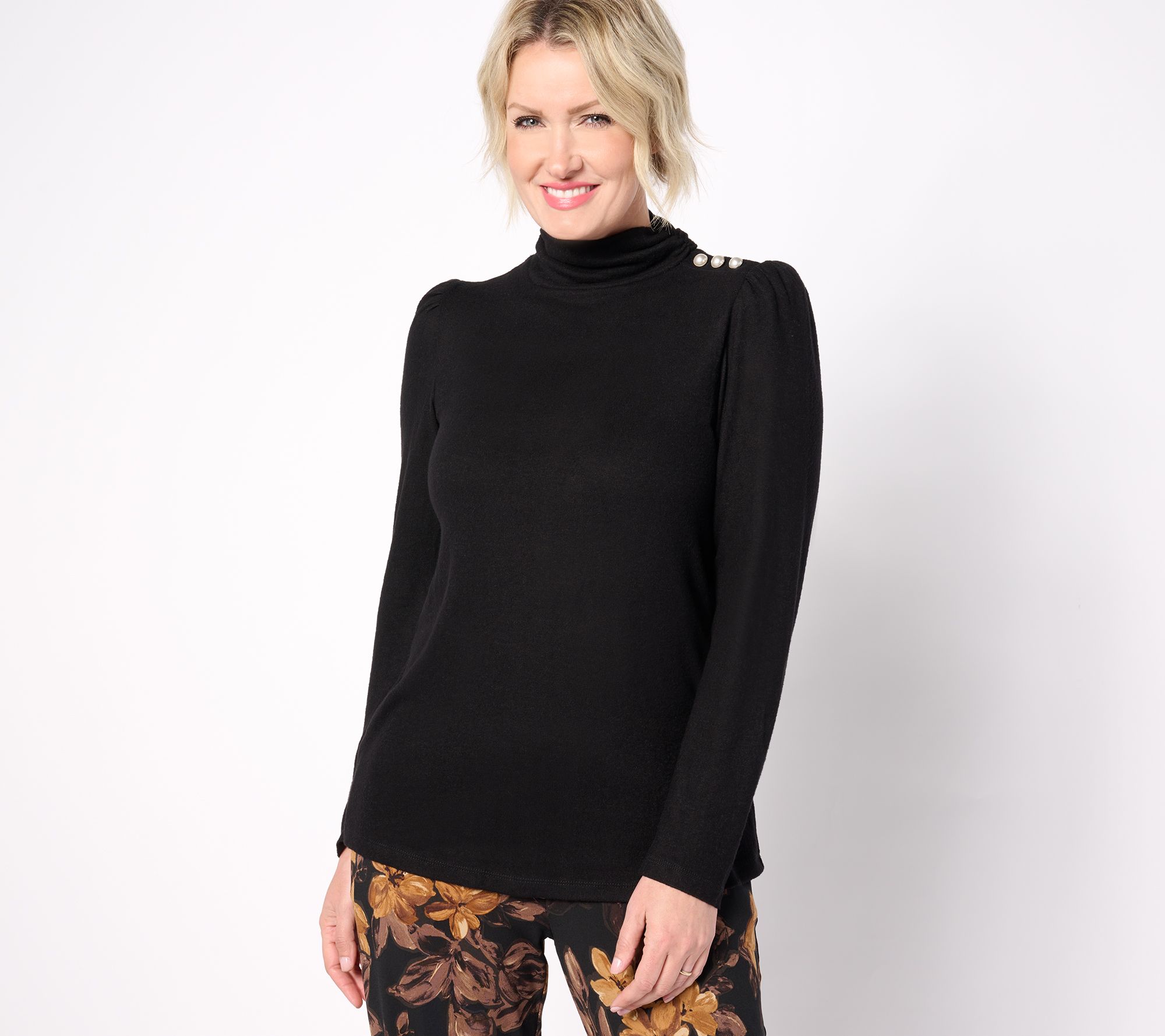 Susan Graver Lifestyle Heather Brushed Knit Ruched Mock Neck Top