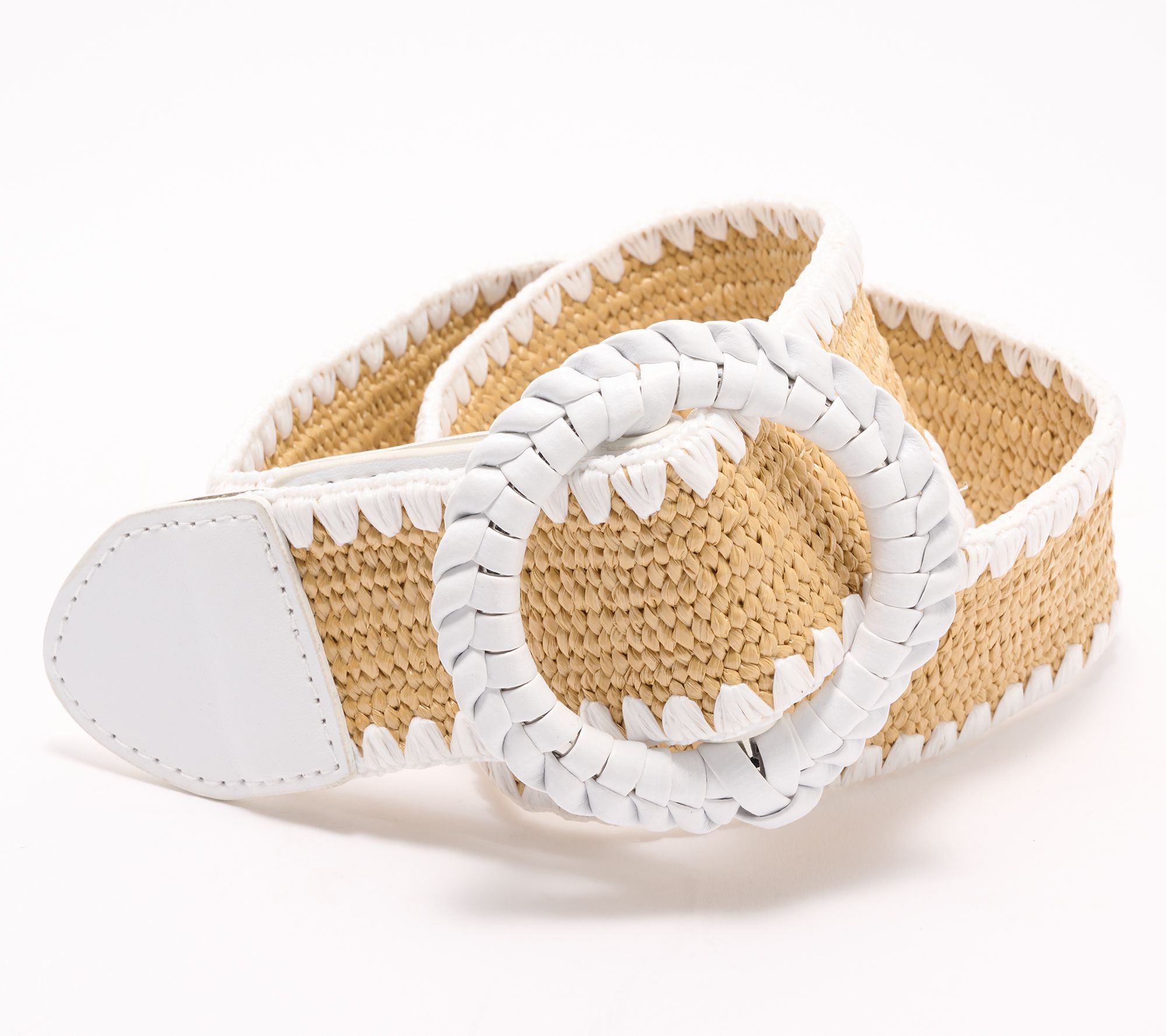 Susan Graver Stretch Raffia Braided Buckle Belt with Embroidery