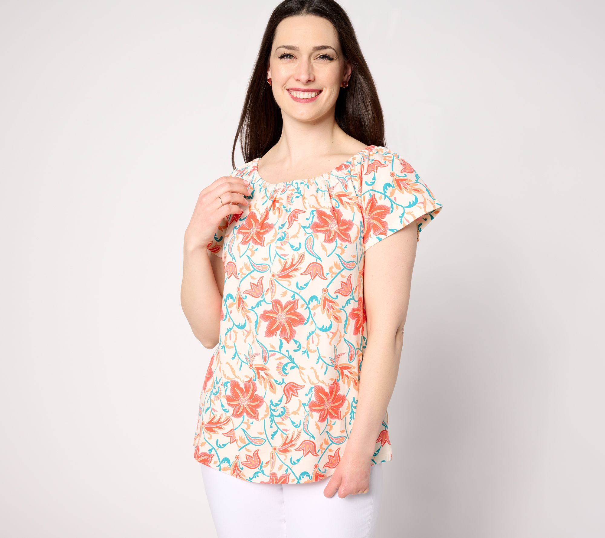 Denim & Co. Favorite Jersey Off Shoulder Flutter Sleeve Printed Top