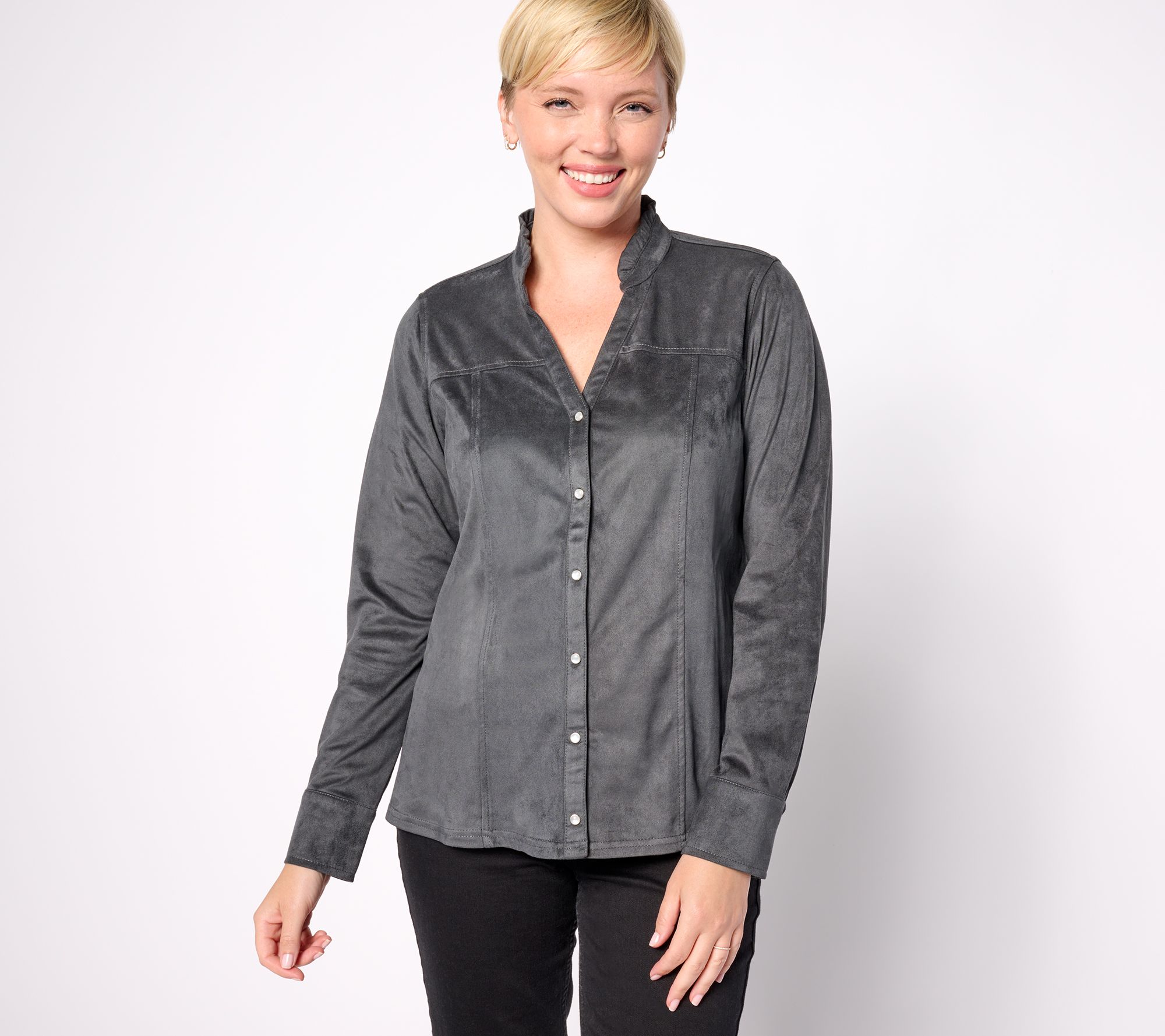 "As Is" Denim & Co. Canyon Retreat Snap Front Suede Long Sleeve Top