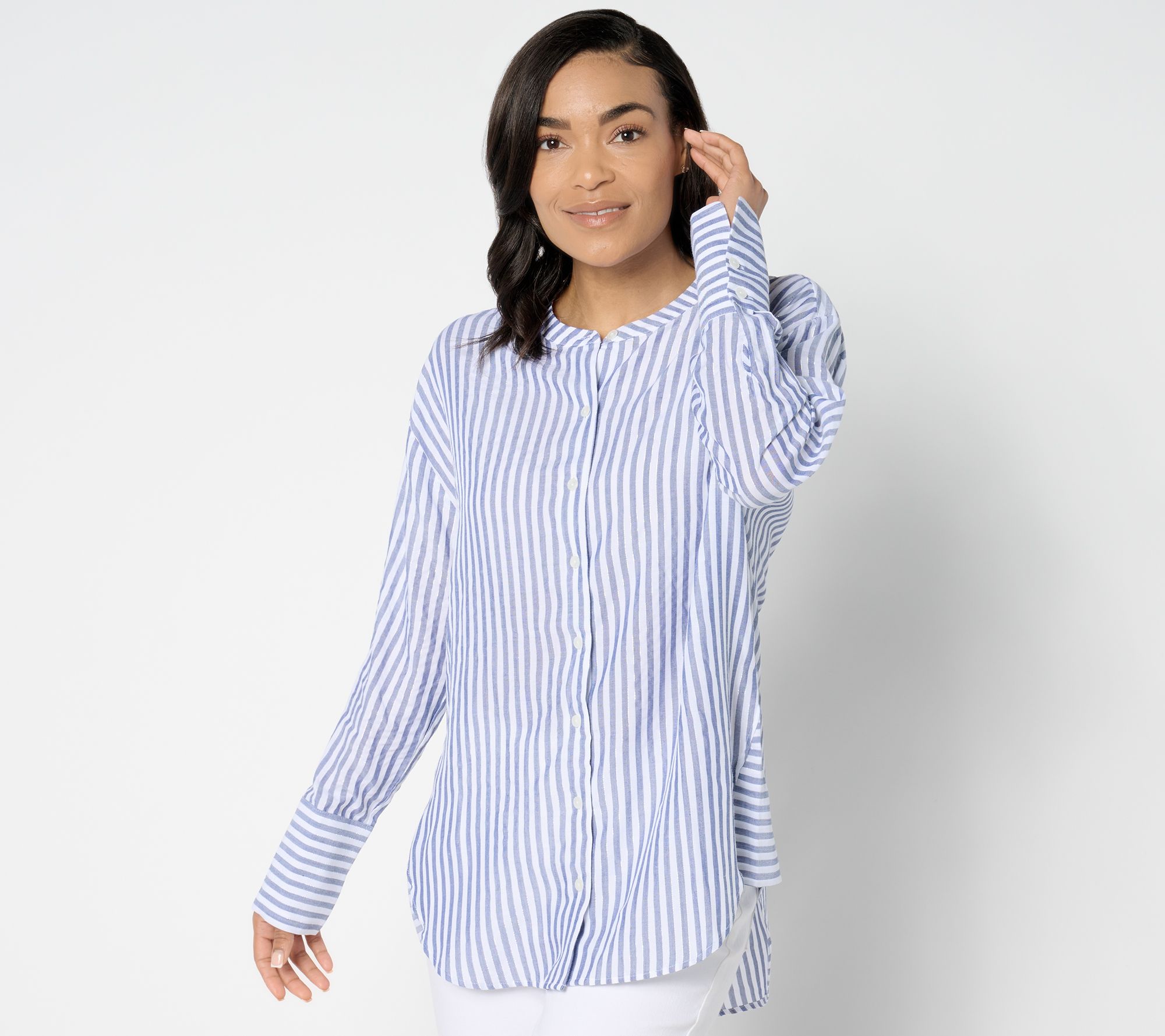 Isaac Mizrahi Live! Petite Yarn Dye Stripe Relaxed Tunic w/ Lurex