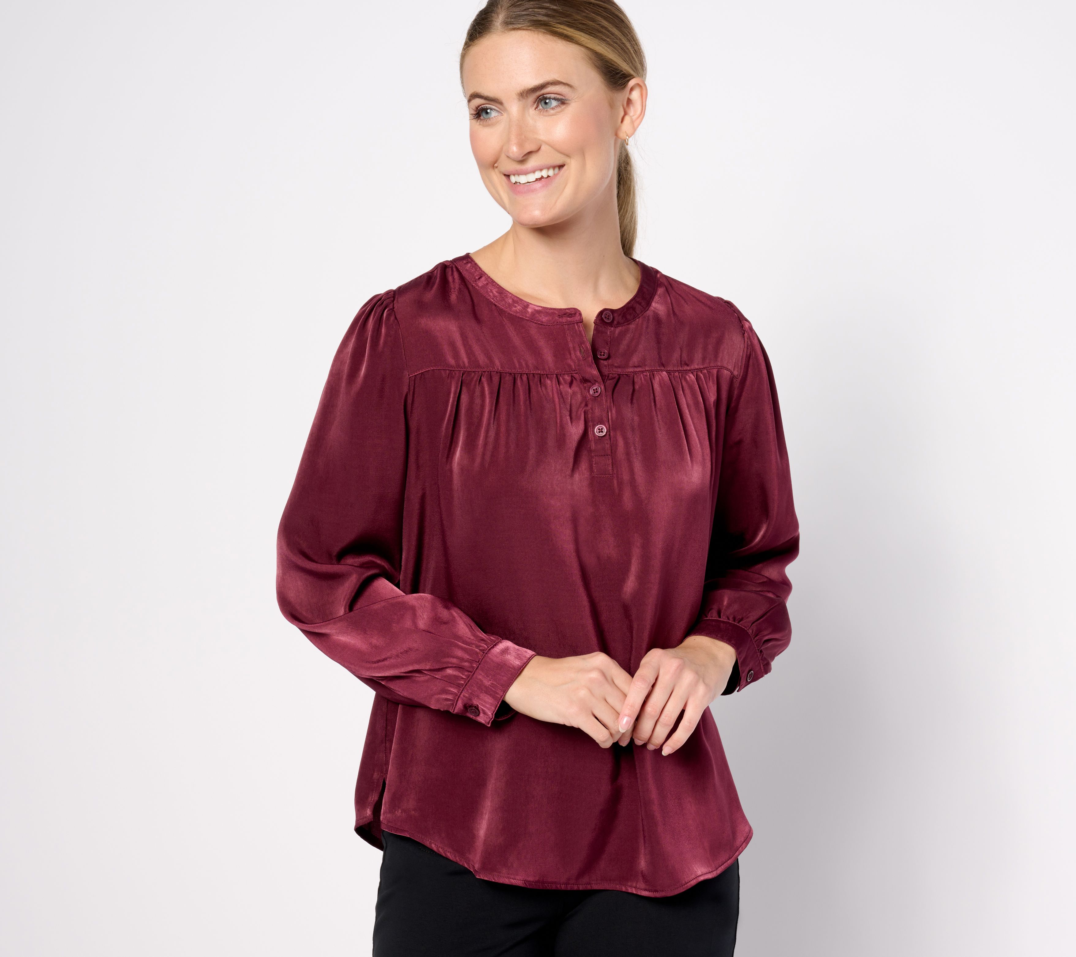"As Is" Denim & Co. Henley Long Sleeve Blouse with Shirring Detail