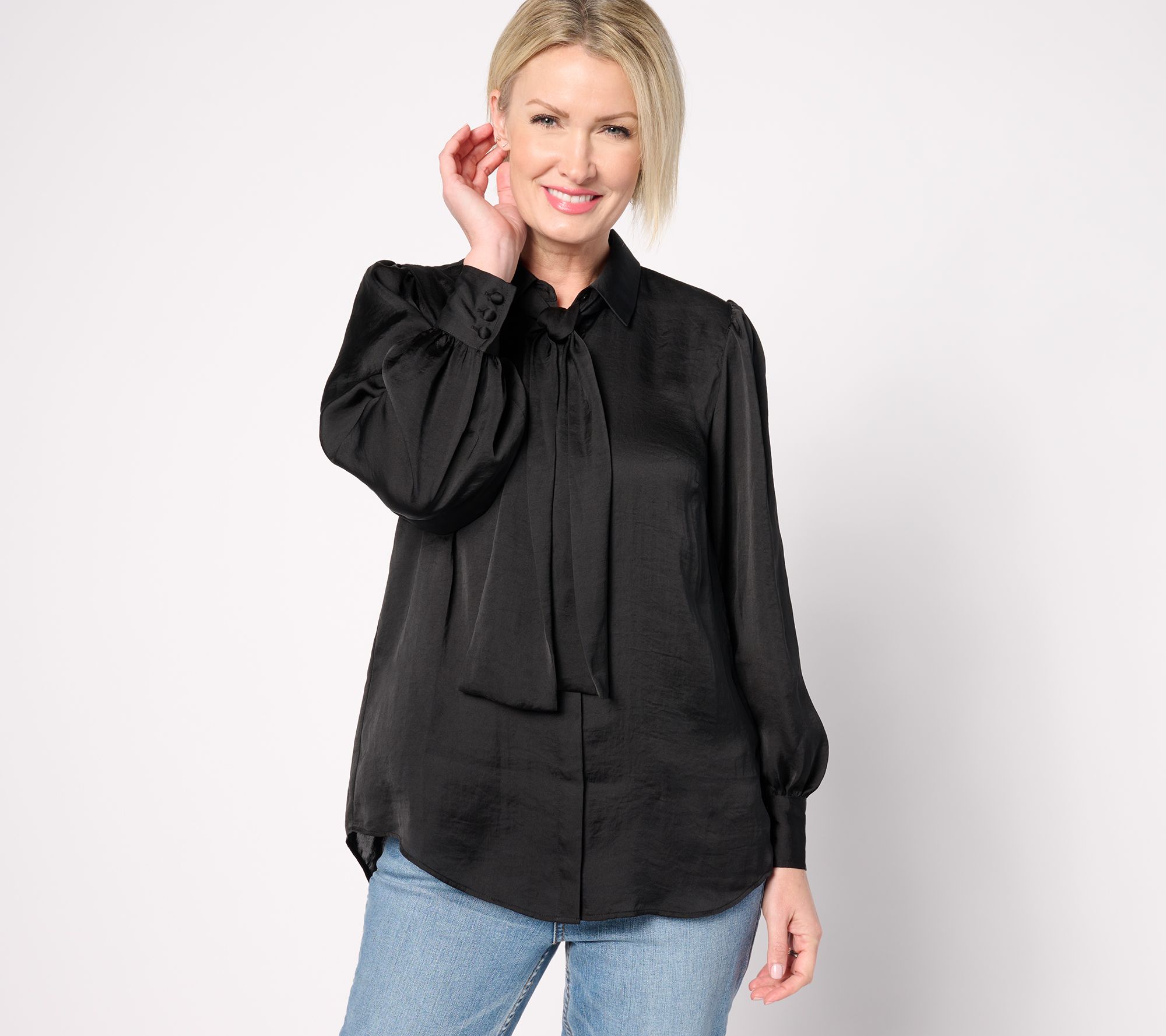 "As Is" Dennis Basso Button- Front Blouse with Tie Neck