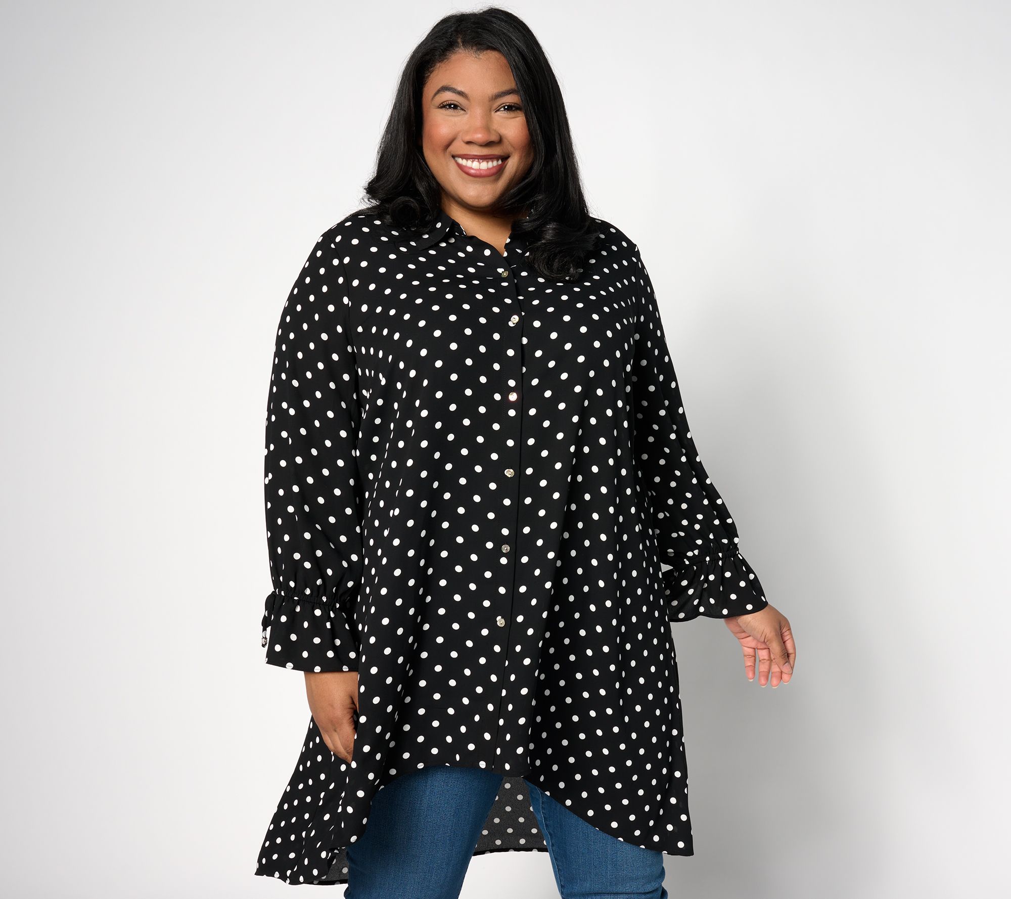 "As Is" Susan Graver Regular Print Georgette Hi-Low Button Front Duster