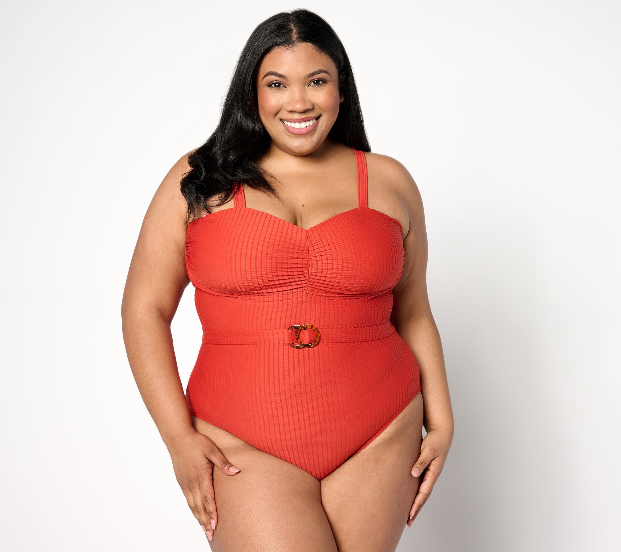 "As Is" Susan Graver Soleil Ruched Front Swimsuit with Belt